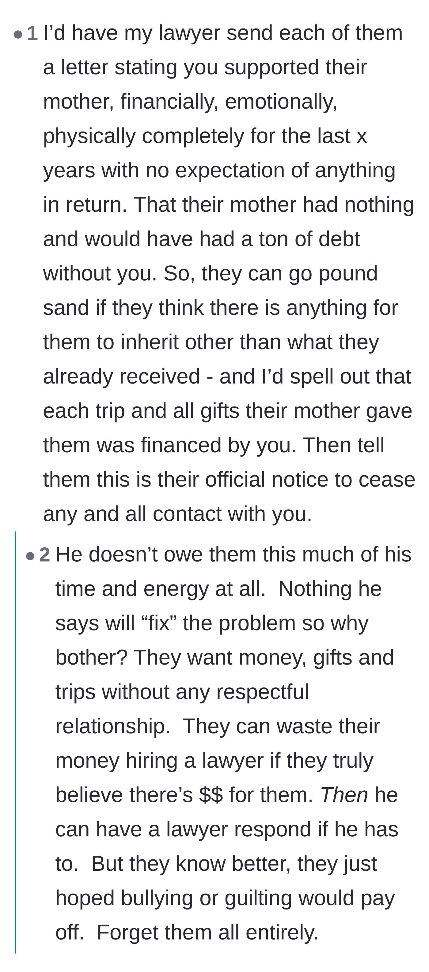 Comment thread 2 - A debate on the necessity of hiring a lawyer to officially cut off the stepchildren and protect his assets.