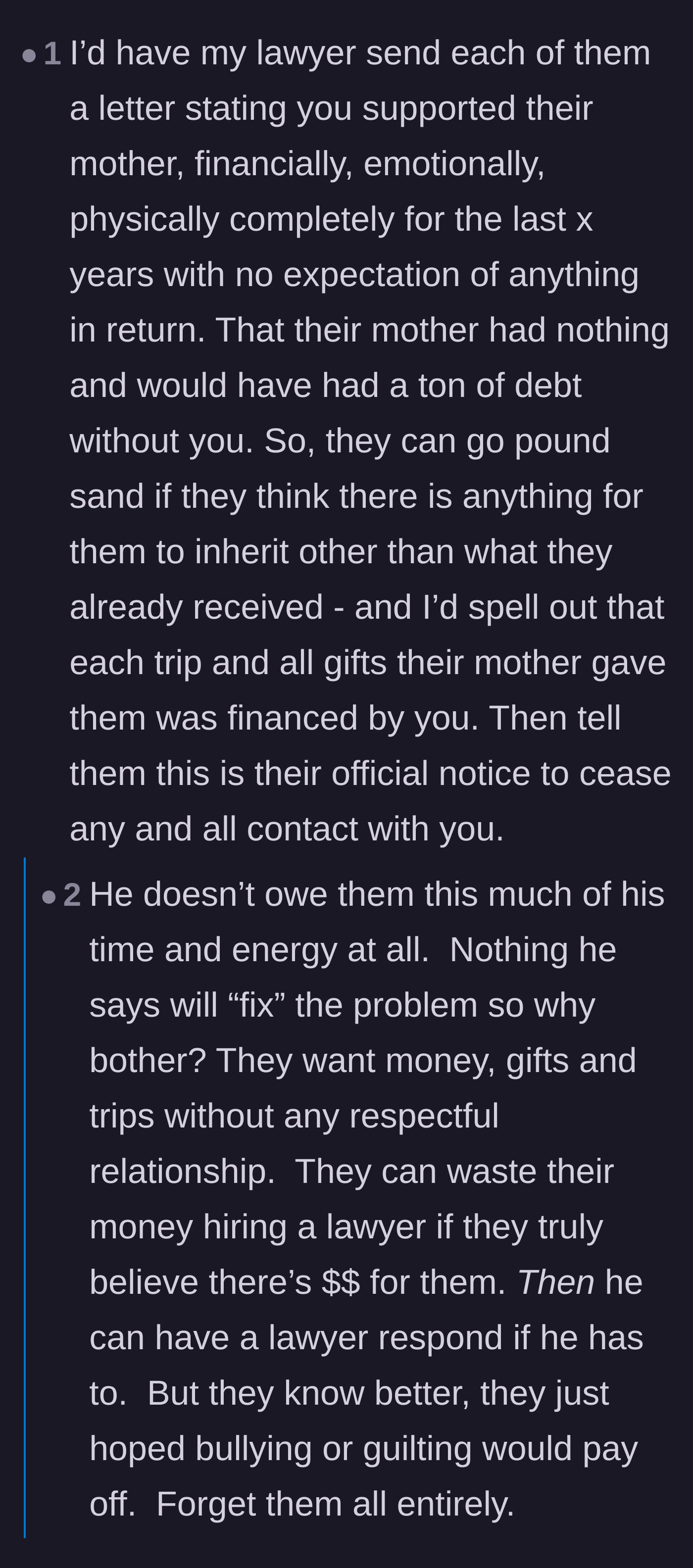 Comment thread 2 - A debate on the necessity of hiring a lawyer to officially cut off the stepchildren and protect his assets.