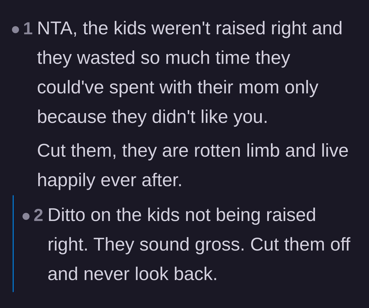 Comment thread 3 - Commentary on how the adult children wasted their mother's final years harboring resentment.