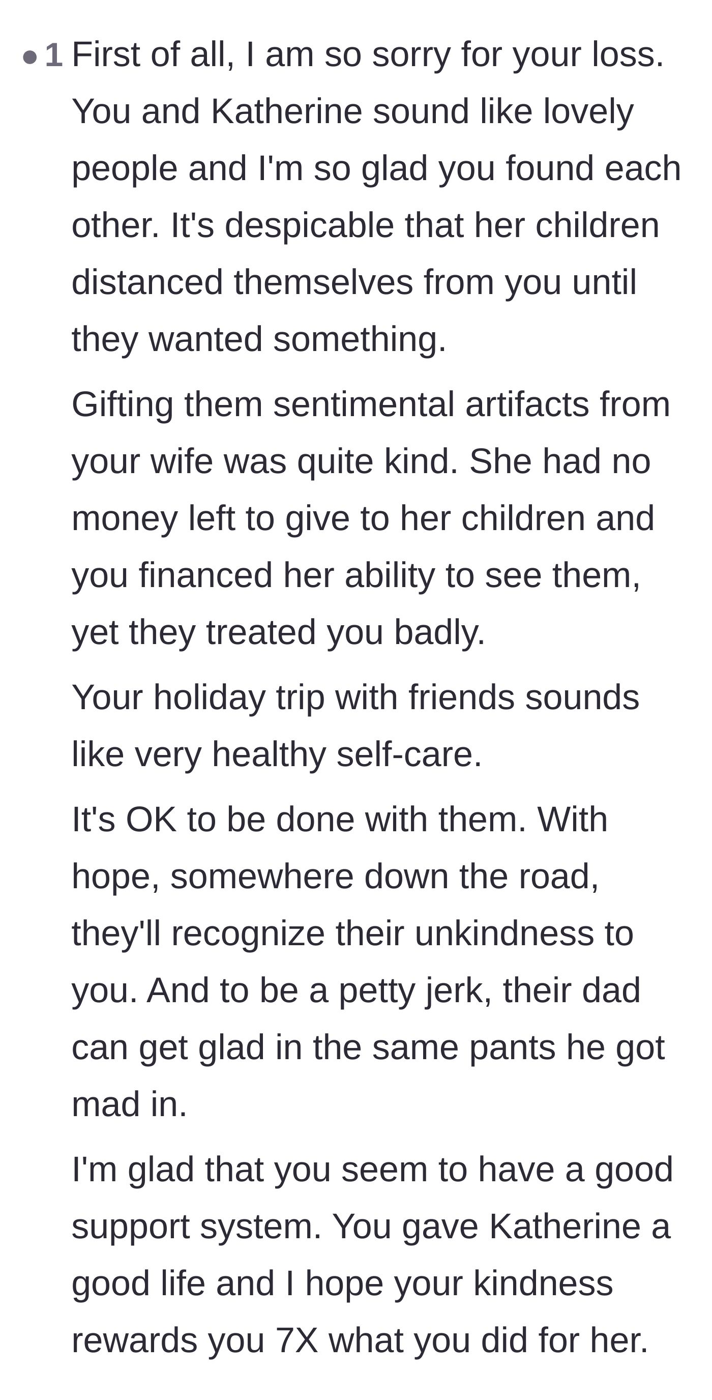 Comment thread 5 - A supportive message praising the widower's self-care and honoring his dedication to his late wife.