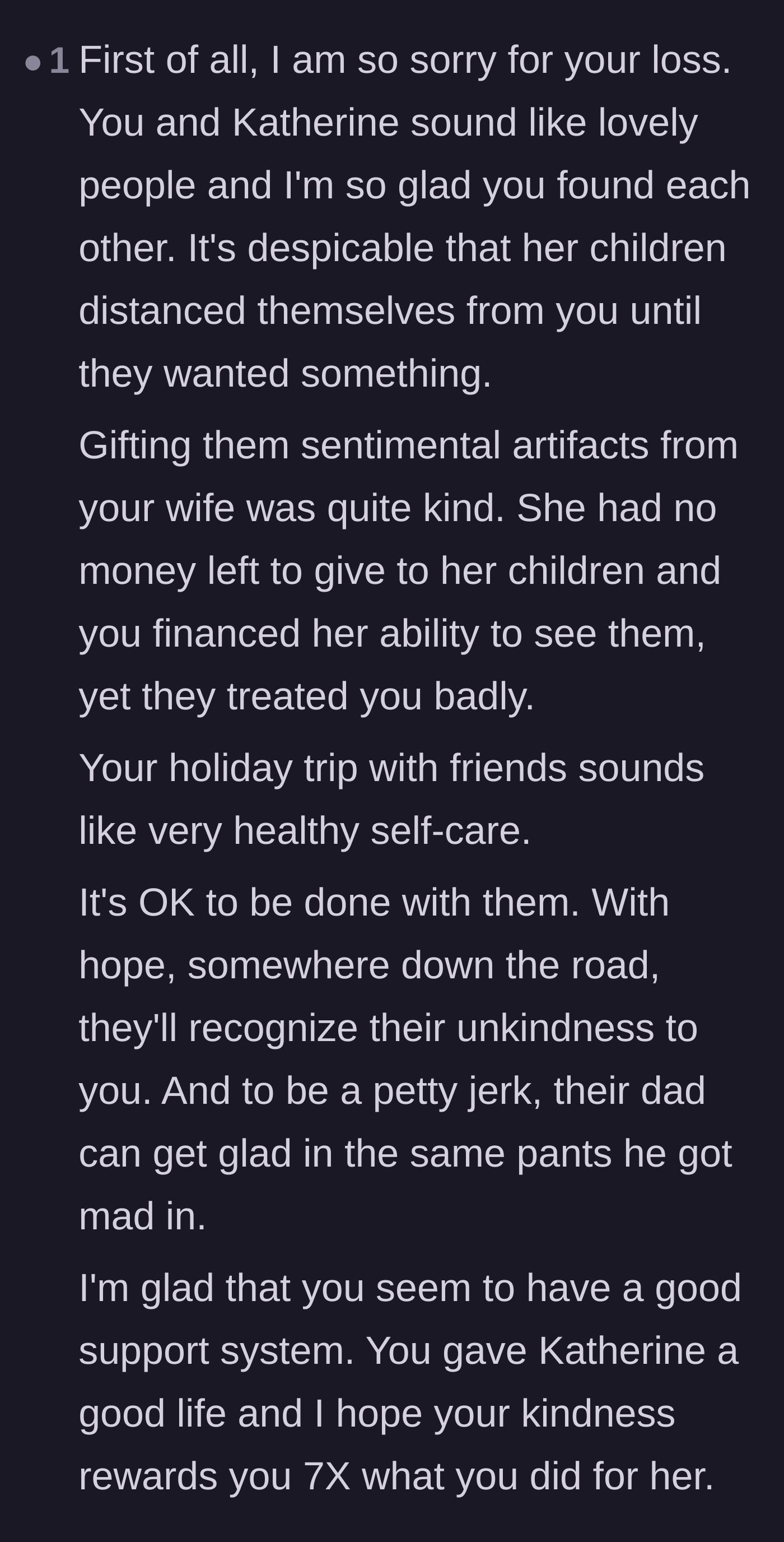 Comment thread 5 - A supportive message praising the widower's self-care and honoring his dedication to his late wife.