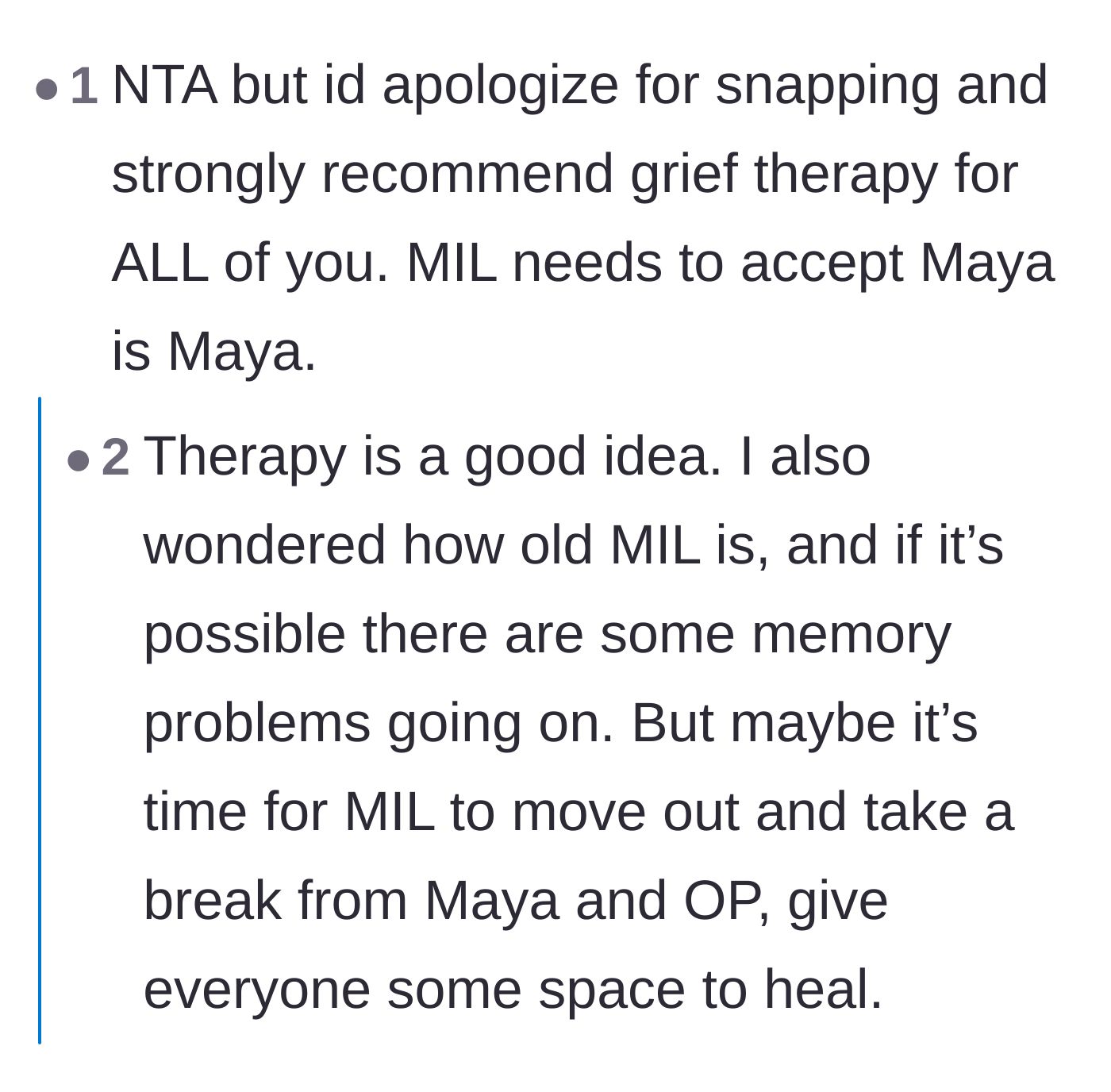 Comment thread 2 - A fellow widow strongly pushes back against the idea that the father owes the mother-in-law an apology for his outburst.