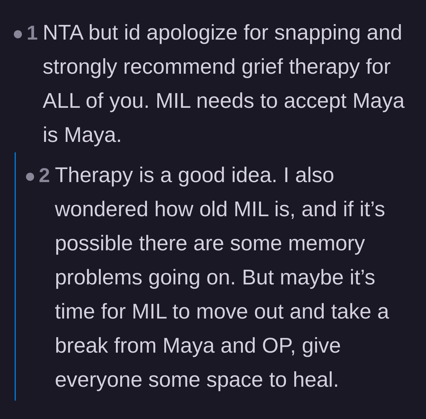 Comment thread 2 - A fellow widow strongly pushes back against the idea that the father owes the mother-in-law an apology for his outburst.