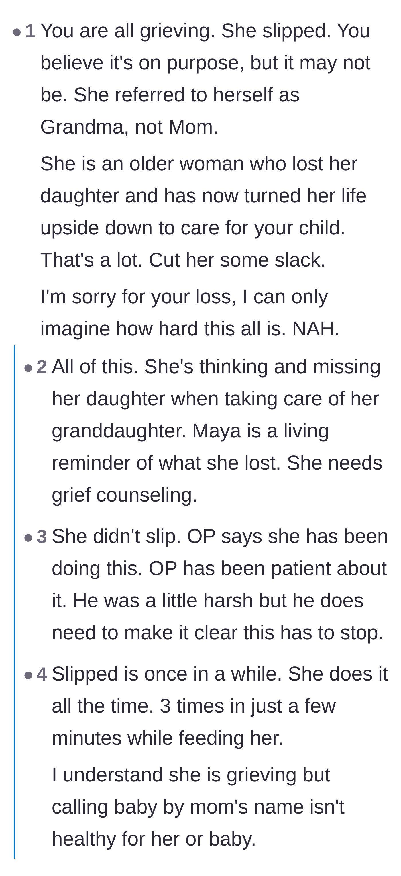 Comment thread 4 - Sympathy for the grandmother's unimaginable position of turning her life upside down to raise the spitting image of her deceased daughter.