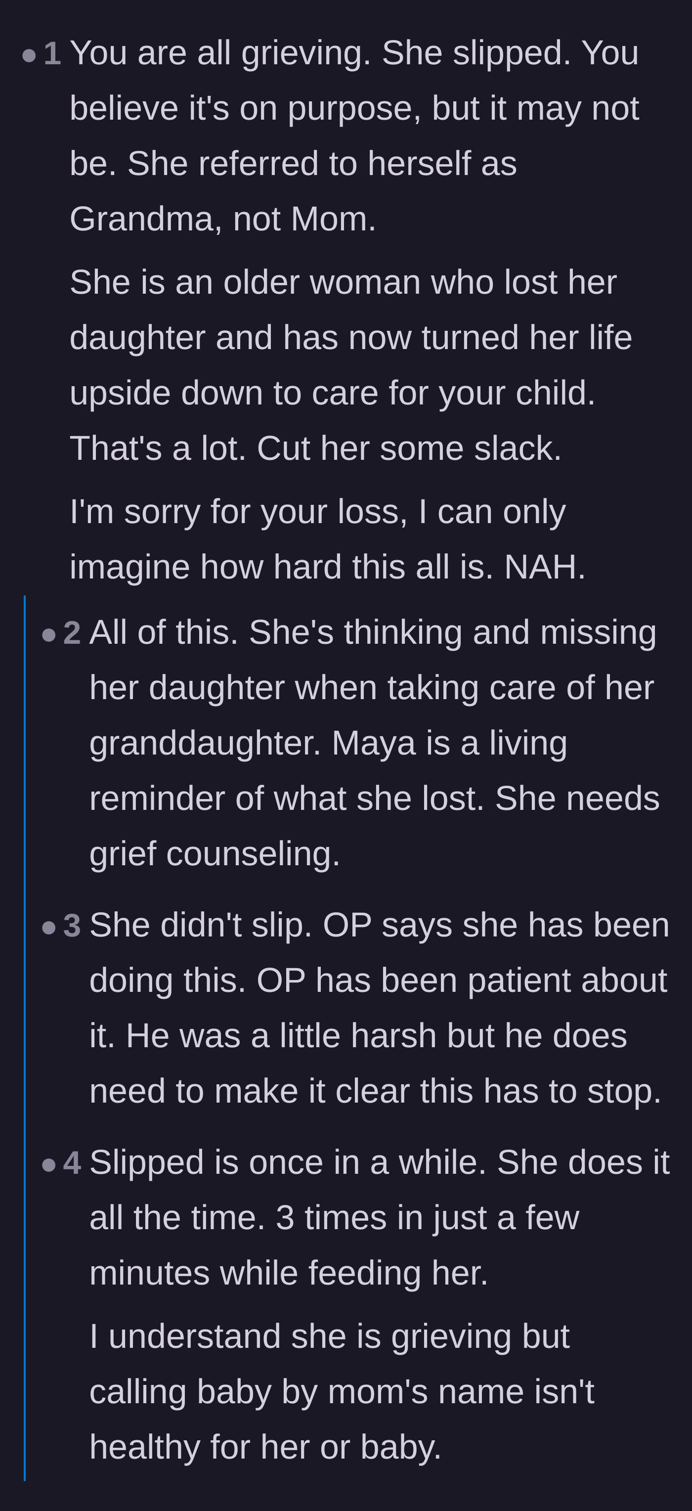 Comment thread 4 - Sympathy for the grandmother's unimaginable position of turning her life upside down to raise the spitting image of her deceased daughter.