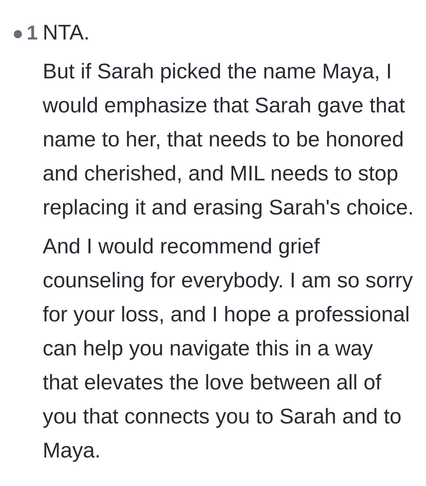 Comment thread 5 - A suggestion to remind the mother-in-law that the late wife chose the baby's name, meaning that using it actively honors her memory.