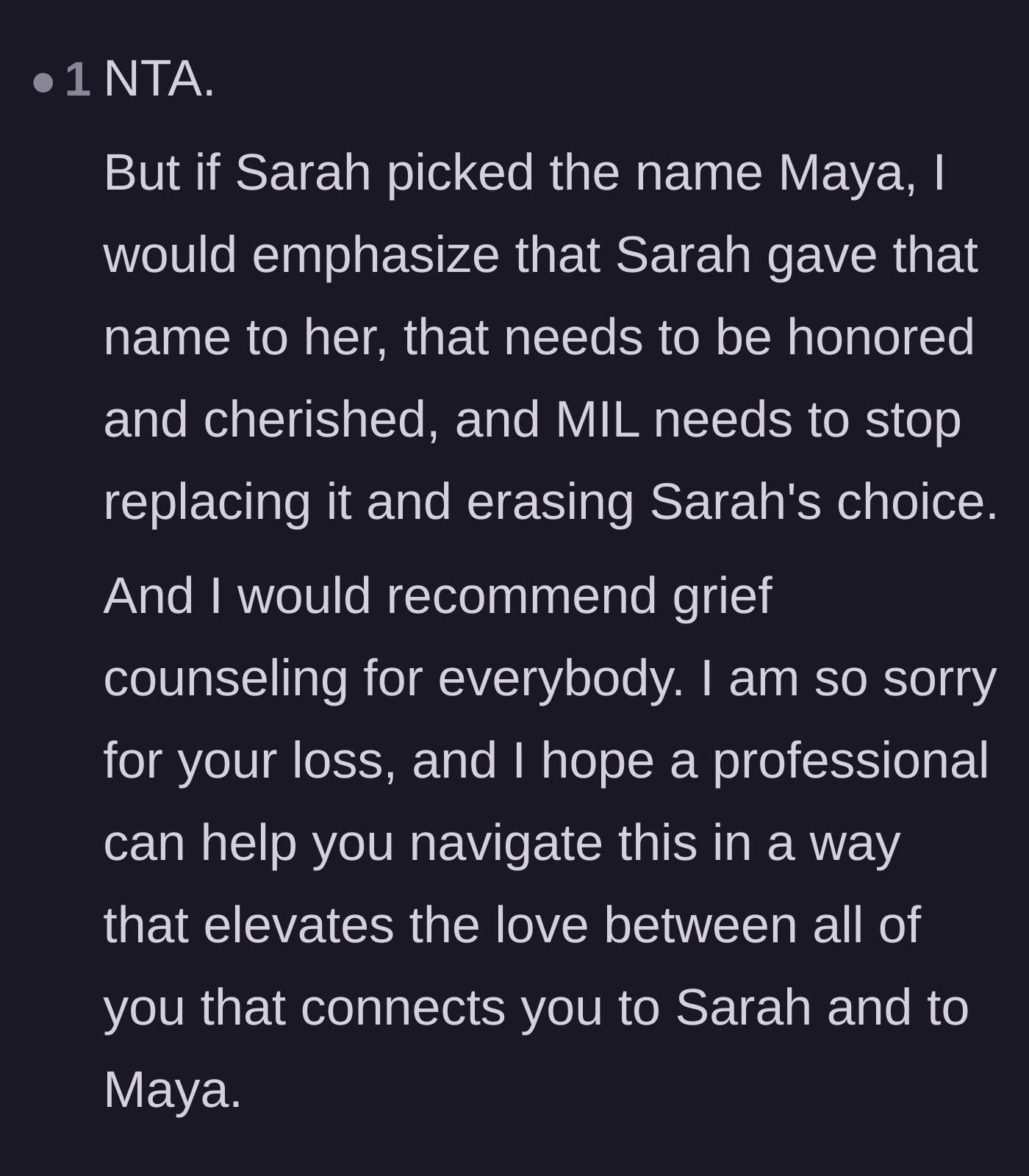 Comment thread 5 - A suggestion to remind the mother-in-law that the late wife chose the baby's name, meaning that using it actively honors her memory.
