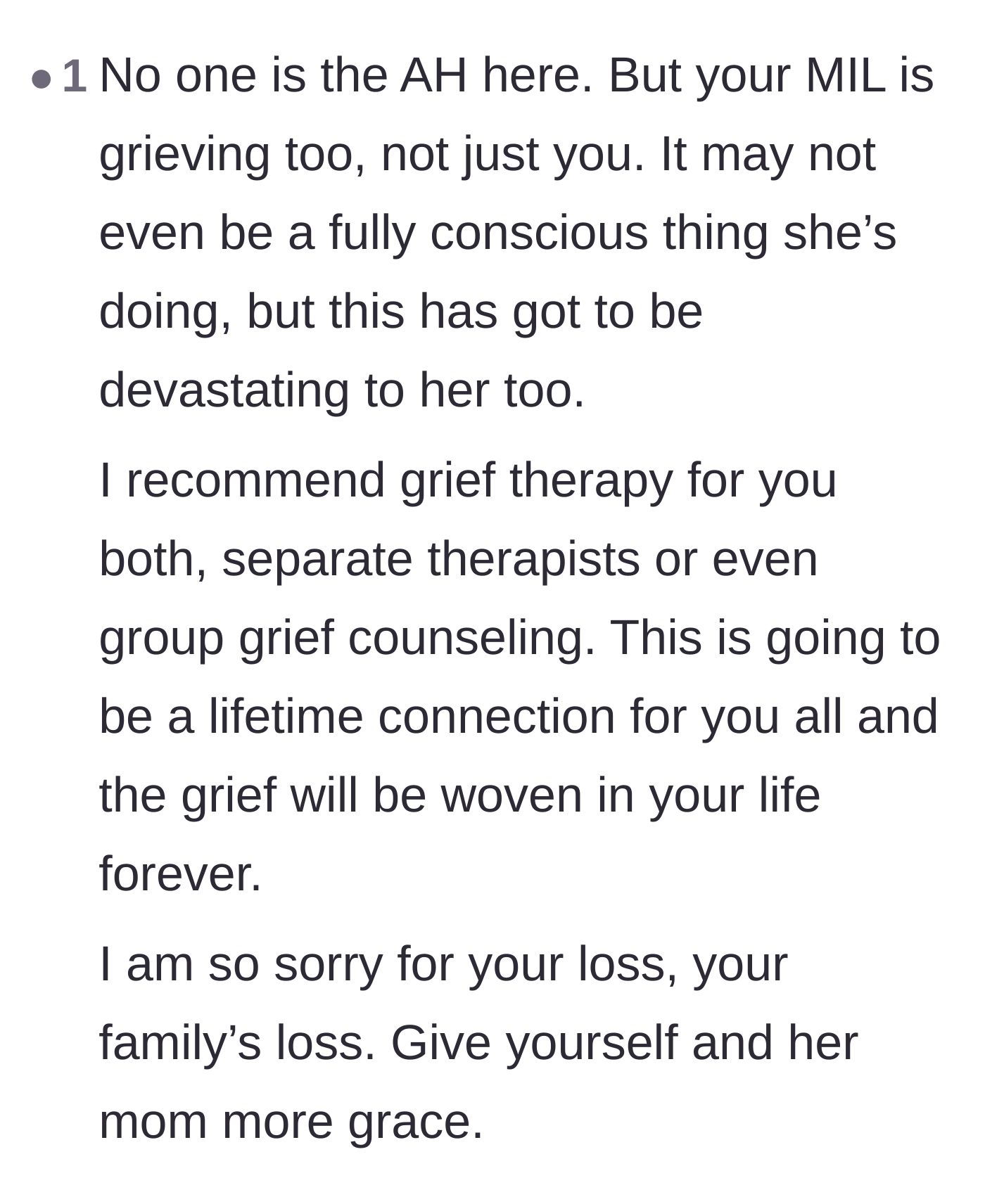 Comment thread 6 - A gentle reminder that the family's lives are permanently intertwined by this tragedy and that everyone needs professional help and grace.