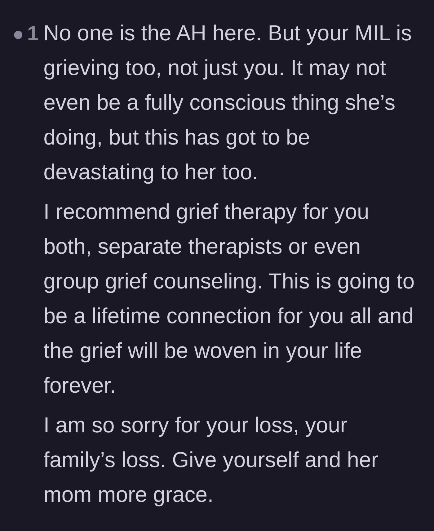 Comment thread 6 - A gentle reminder that the family's lives are permanently intertwined by this tragedy and that everyone needs professional help and grace.