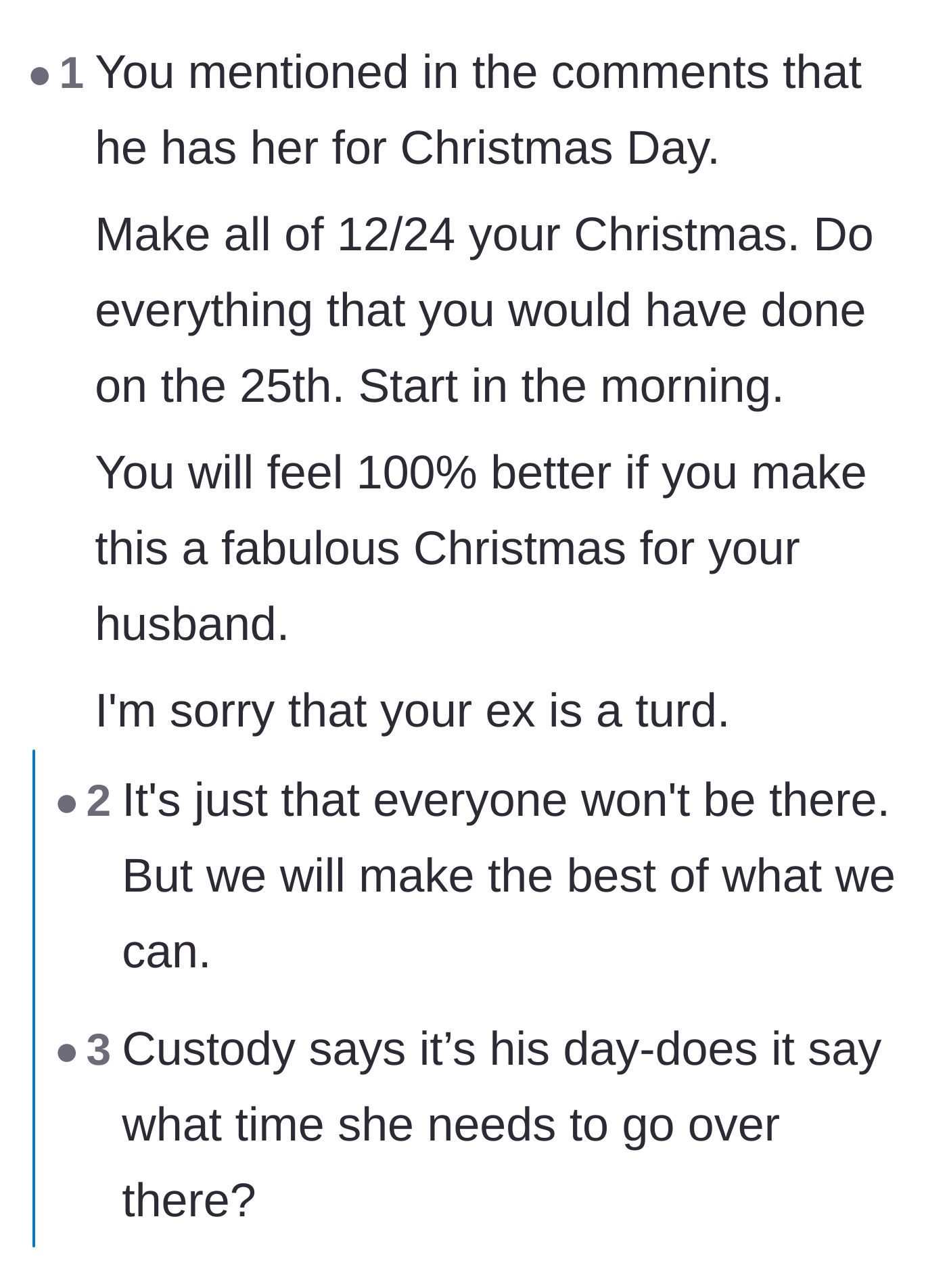 Comment thread 3 - Suggestions to shift the entire Christmas celebration to the 24th to ensure the family gets a magical day together
