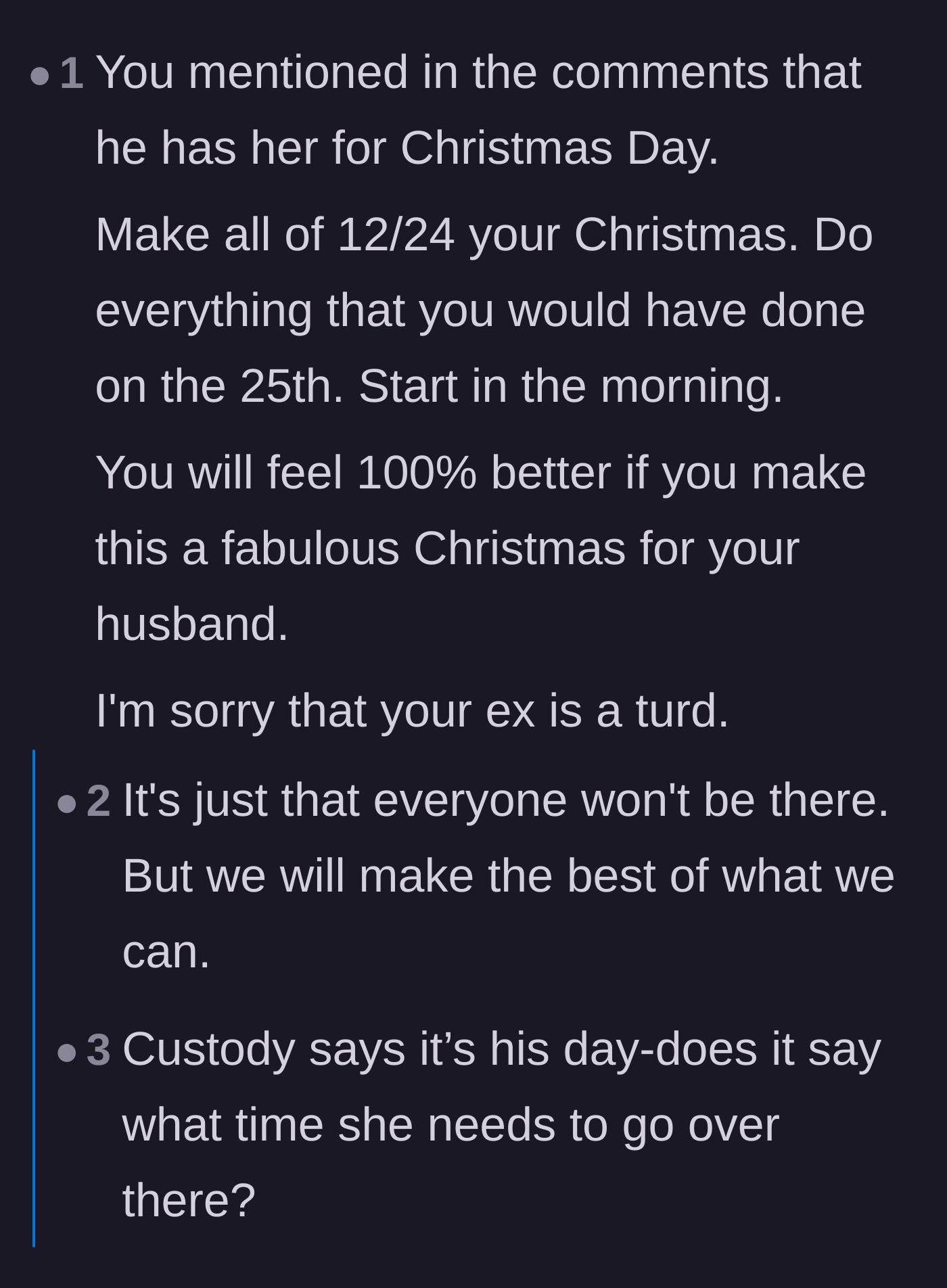 Comment thread 3 - Suggestions to shift the entire Christmas celebration to the 24th to ensure the family gets a magical day together