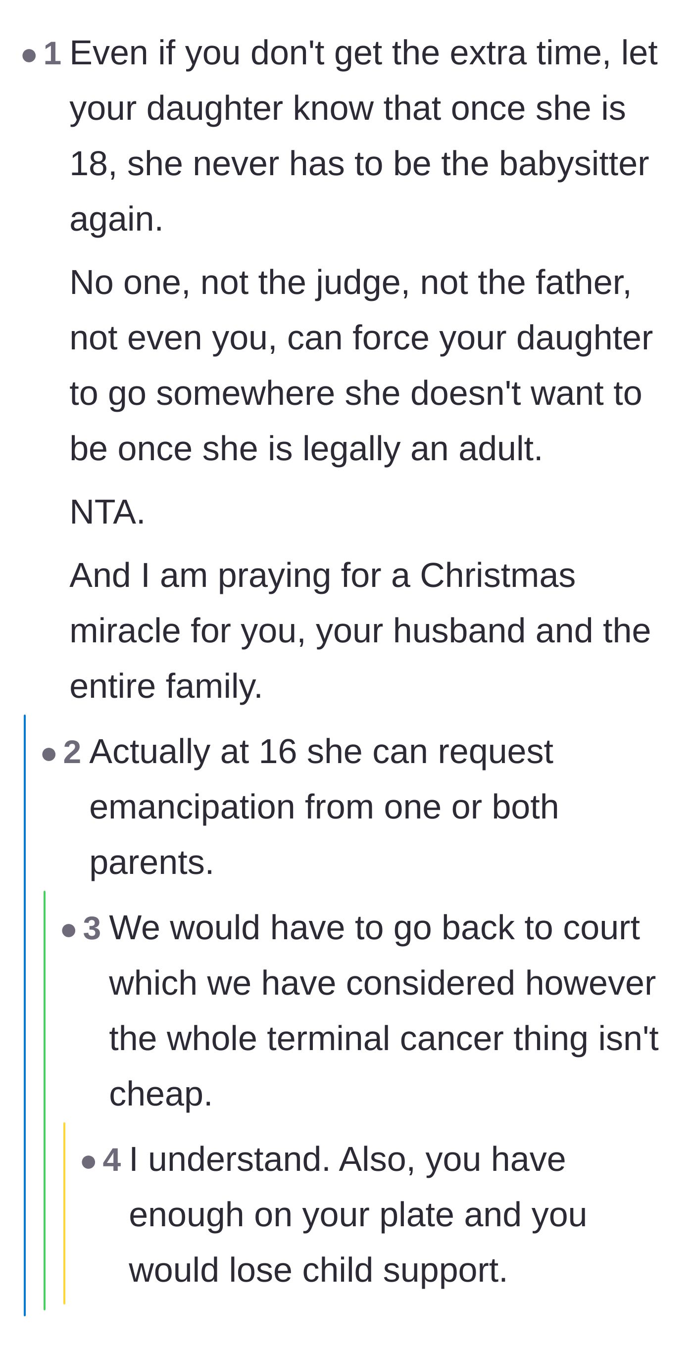 Comment thread 5 - Discussion about legal emancipation and the heartbreaking reality that terminal cancer drains the funds needed for family court