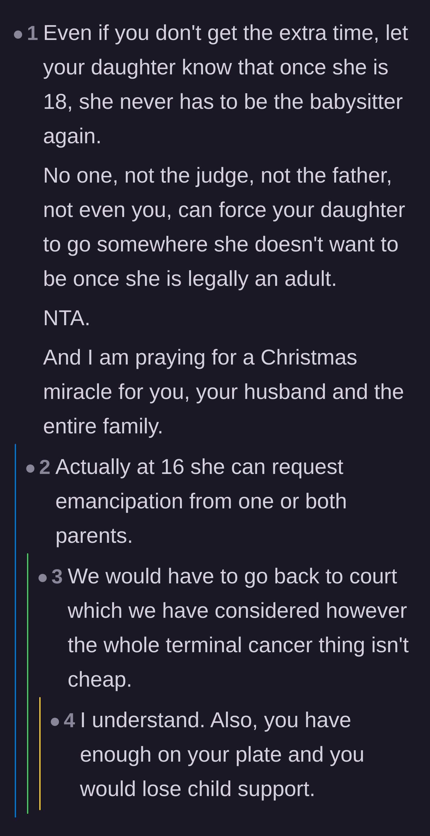 Comment thread 5 - Discussion about legal emancipation and the heartbreaking reality that terminal cancer drains the funds needed for family court