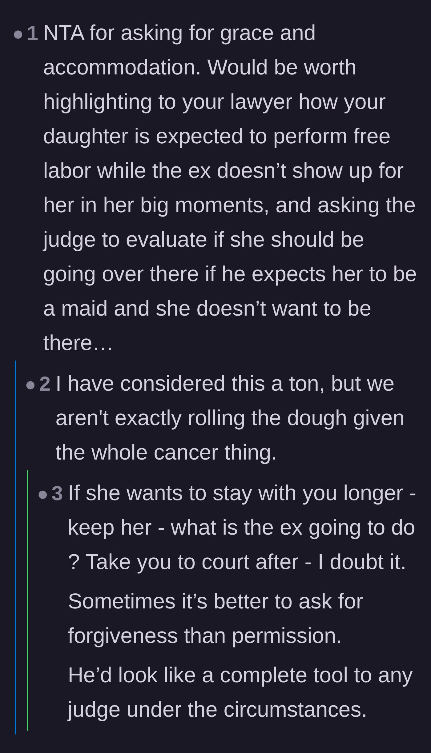 Comment thread 6 - Practical legal advice suggesting the mother should just keep her daughter for the extra hours and ask for forgiveness later