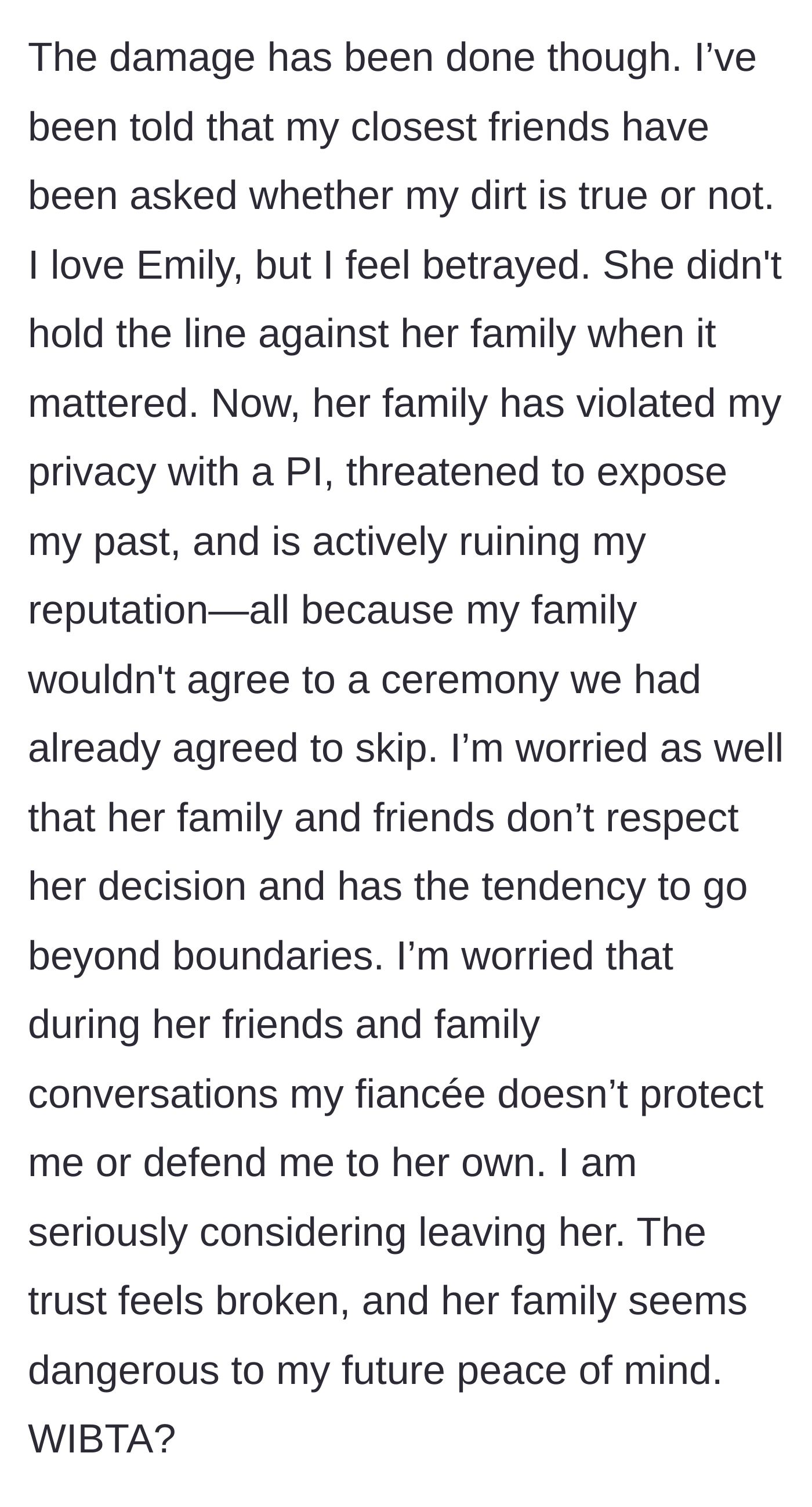 Story part 10 - The groom realizes his reputation is being ruined, his fiancée won't defend him, and he considers leaving her.
