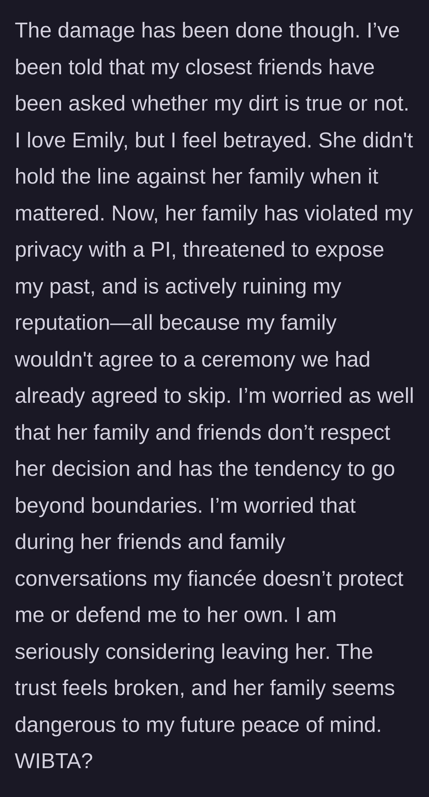 Story part 10 - The groom realizes his reputation is being ruined, his fiancée won't defend him, and he considers leaving her.