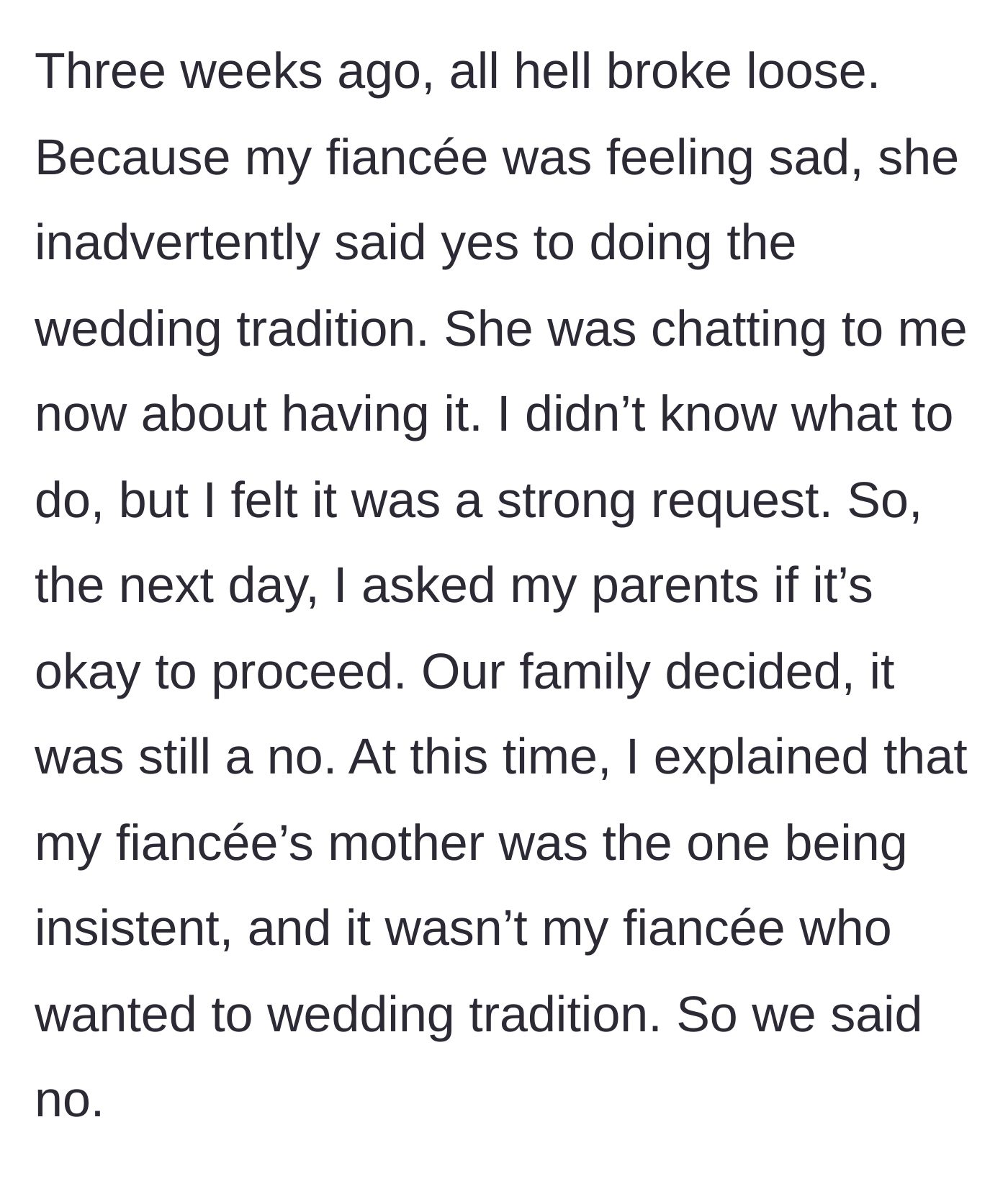 Story part 4 - The fiancée caves to her mother's pressure and asks for the tradition, but the groom's family firmly declines.