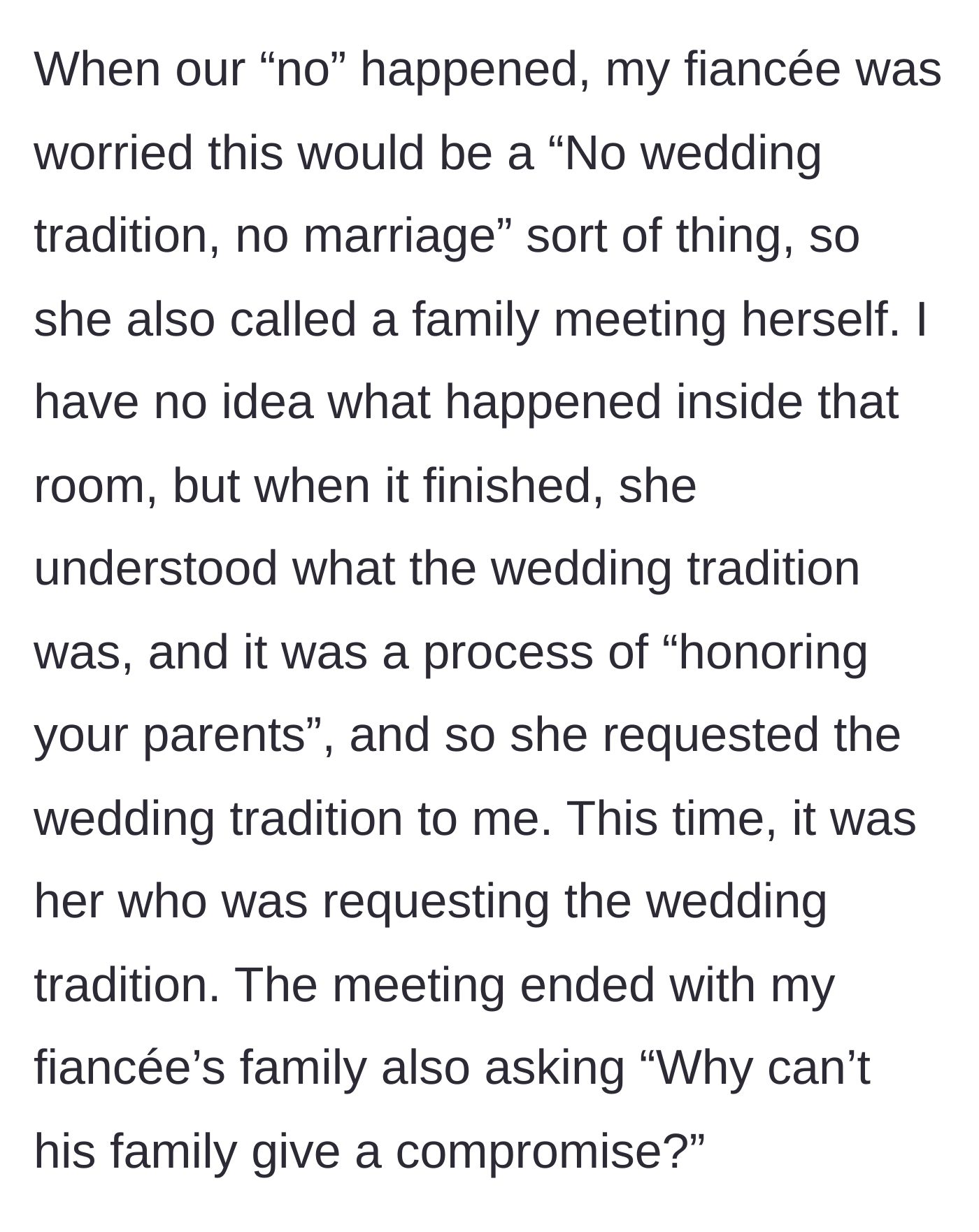 Story part 5 - The fiancée holds a secret family meeting and comes back demanding the tradition as a matter of 'honoring parents.'