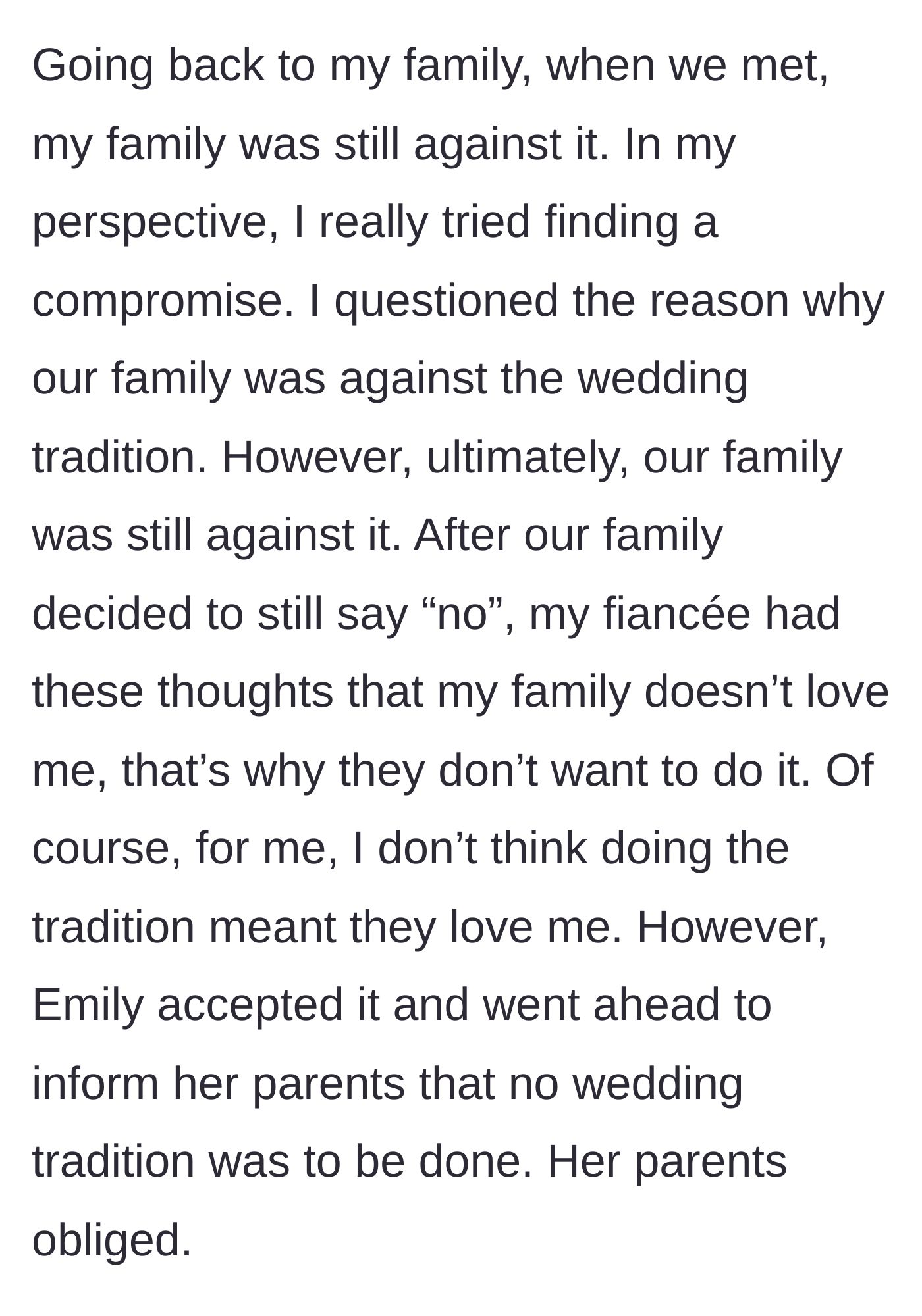Story part 8 - The groom's family firmly refuses the tradition again, and the fiancée finally concedes and tells her parents no.