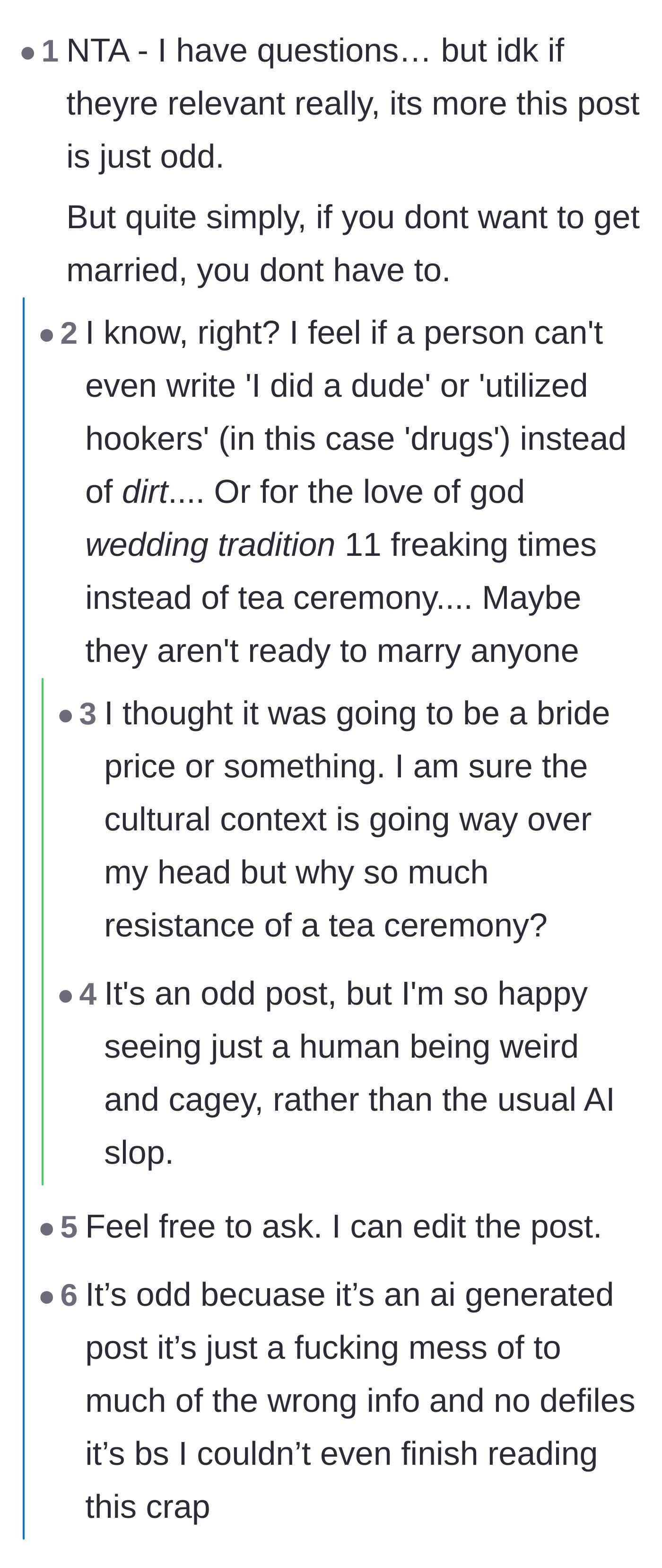 Comment thread 1 - Readers guessing hilarious and extreme things like goat sacrifice before realizing the tradition is just a tea ceremony.