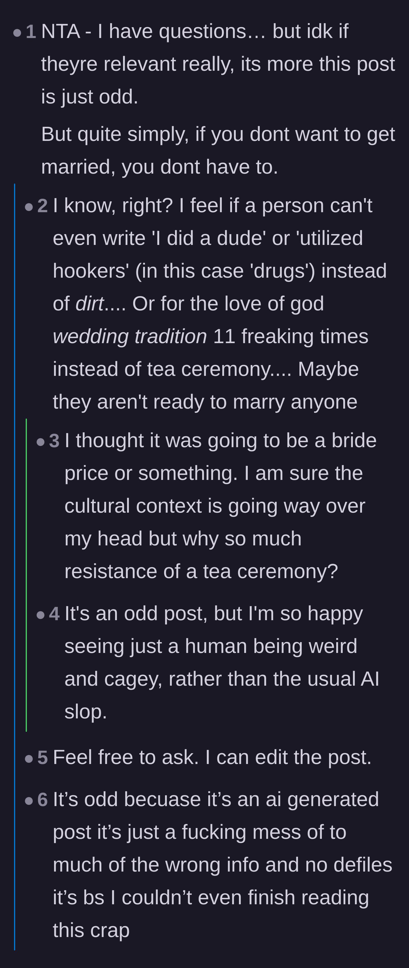 Comment thread 1 - Readers guessing hilarious and extreme things like goat sacrifice before realizing the tradition is just a tea ceremony.