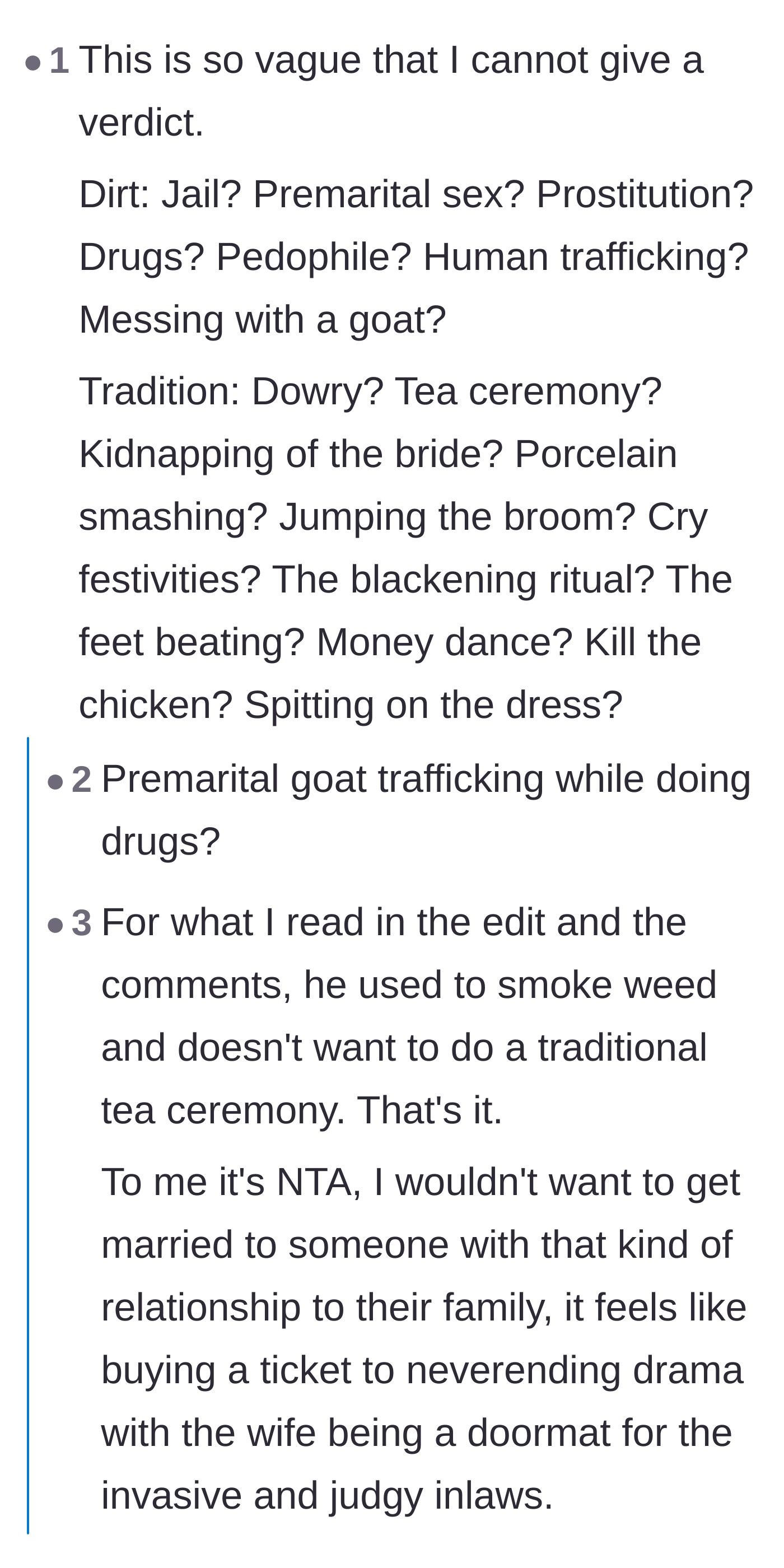 Comment thread 2 - Commenters listing out wild crimes and bizarre rituals to mock the groom's extreme vagueness, before concluding the in-laws are a nightmare.