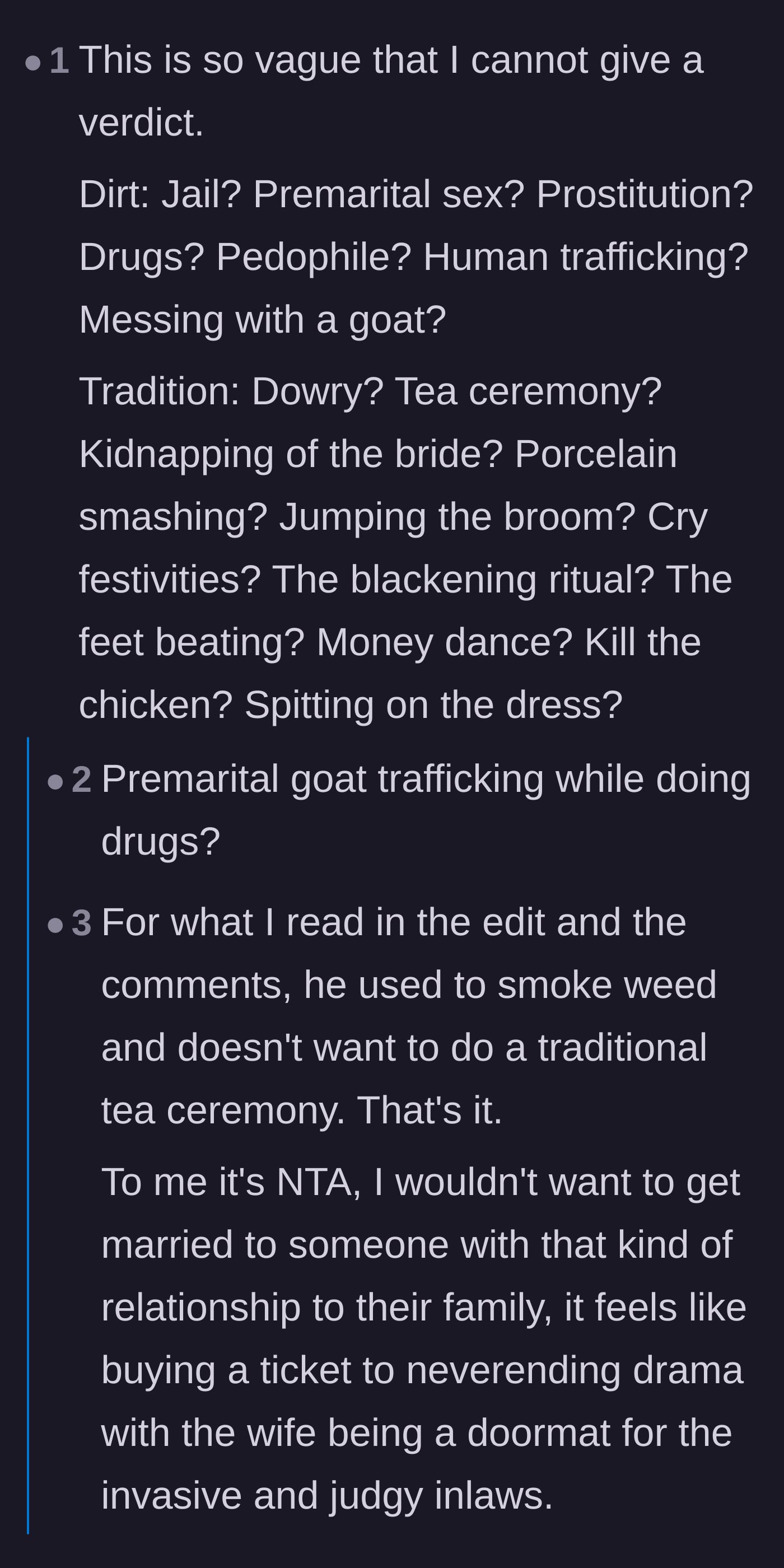 Comment thread 2 - Commenters listing out wild crimes and bizarre rituals to mock the groom's extreme vagueness, before concluding the in-laws are a nightmare.
