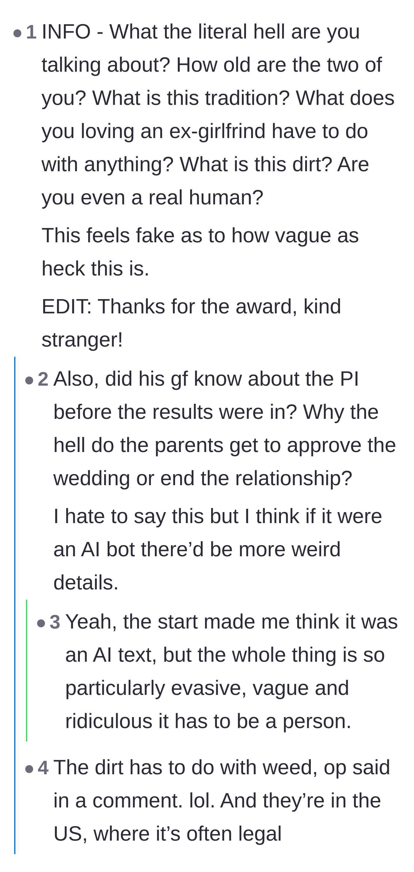 Comment thread 3 - Users questioning if the post is AI due to missing details, then mocking the groom for treating weed like a major crime.
