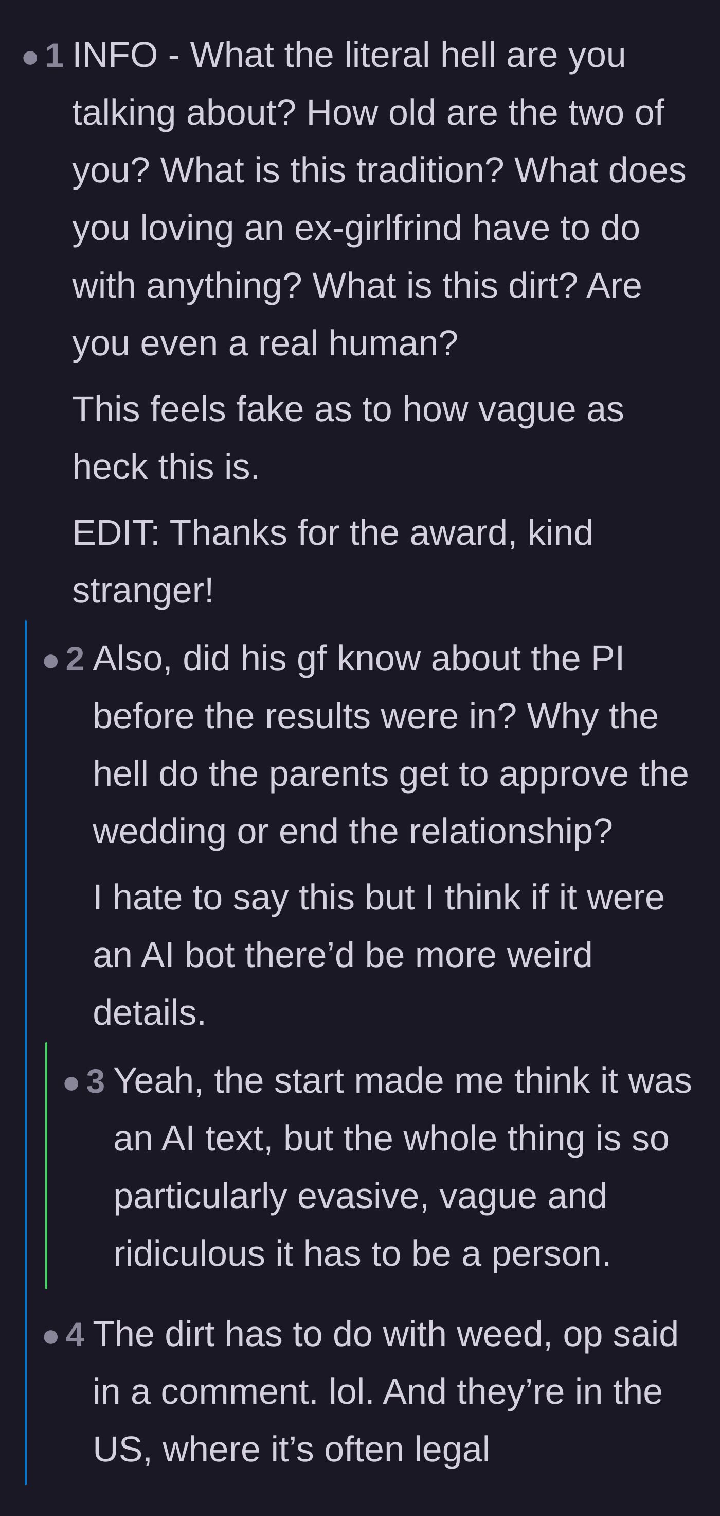 Comment thread 3 - Users questioning if the post is AI due to missing details, then mocking the groom for treating weed like a major crime.