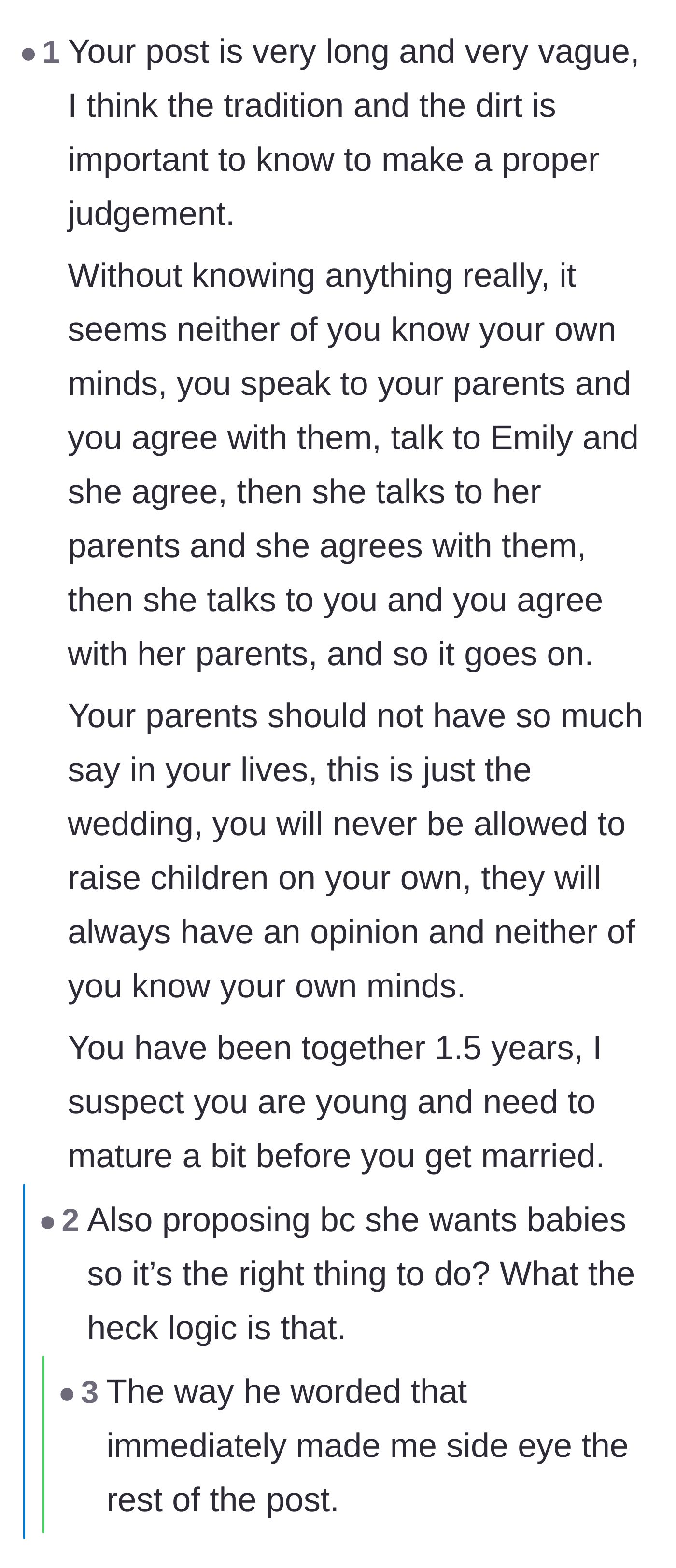Comment thread 4 - Advice pointing out that neither the bride nor the groom have a spine and are just letting their parents run their lives.