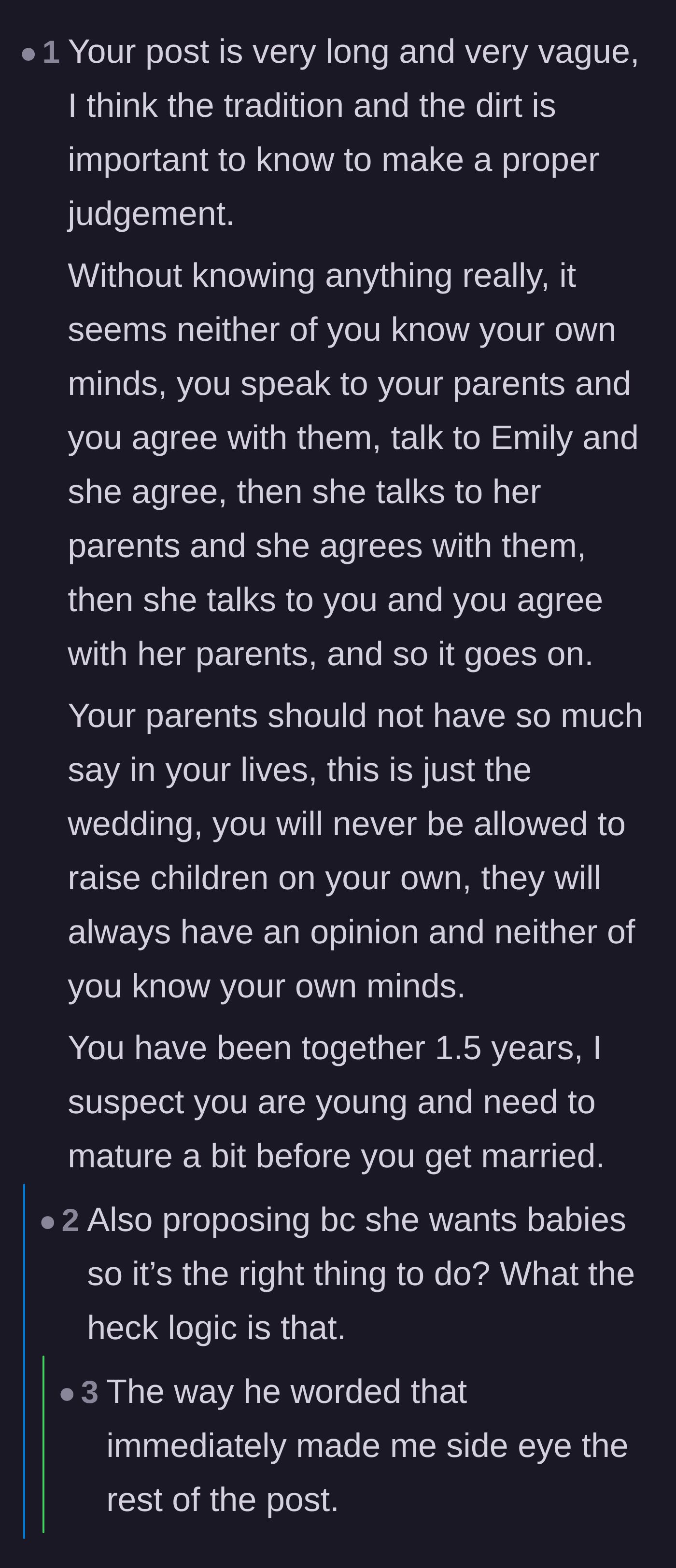 Comment thread 4 - Advice pointing out that neither the bride nor the groom have a spine and are just letting their parents run their lives.