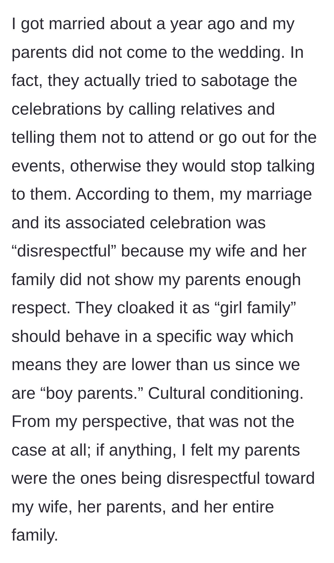 Story part 1 - The groom explains how his parents boycotted and actively sabotaged his wedding due to toxic cultural superiority complexes about being a 'boy's family.'