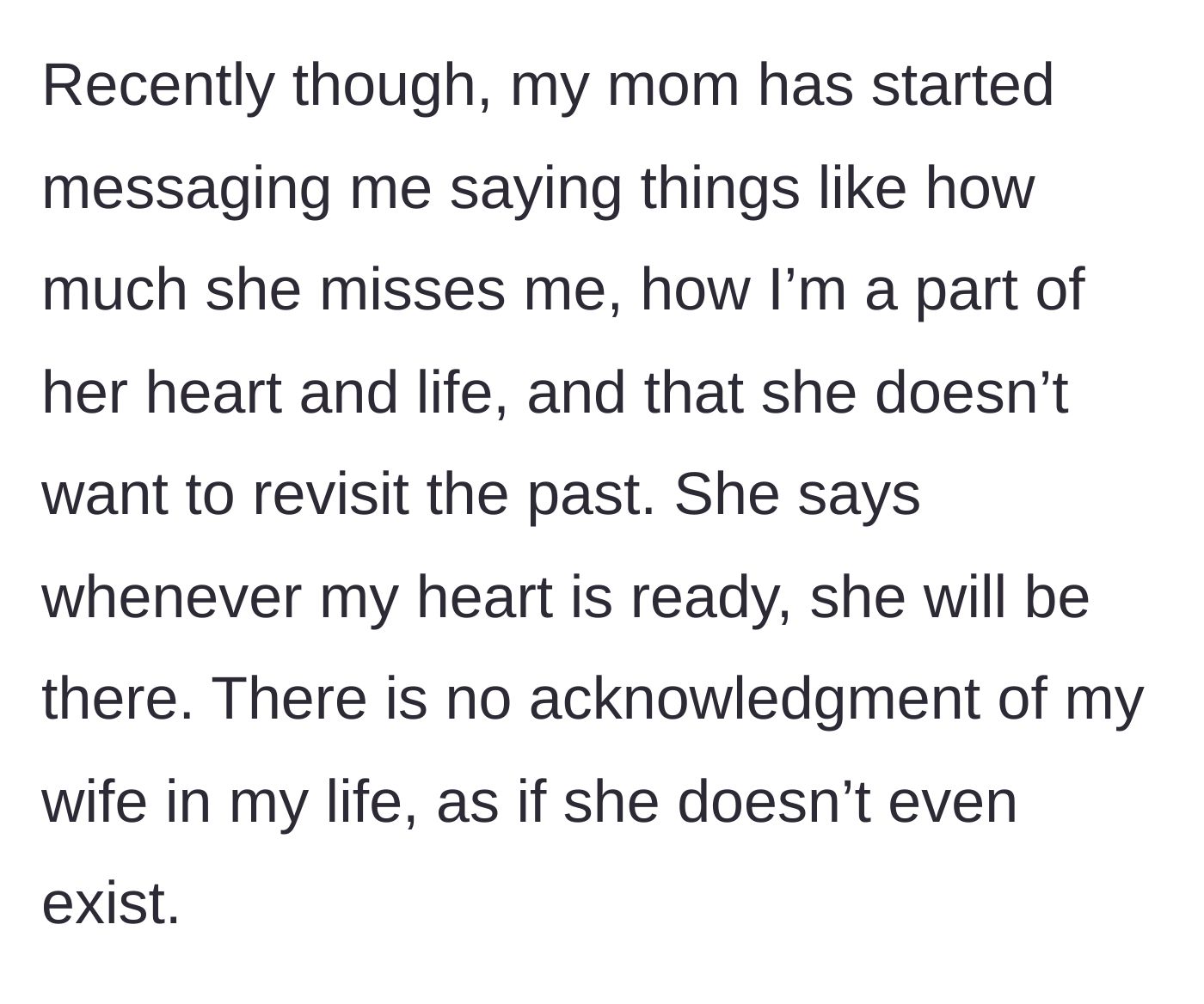Story part 3 - The groom shares how his mother recently reached out with a highly manipulative message claiming she misses him, while completely ignoring the existence of his wife.
