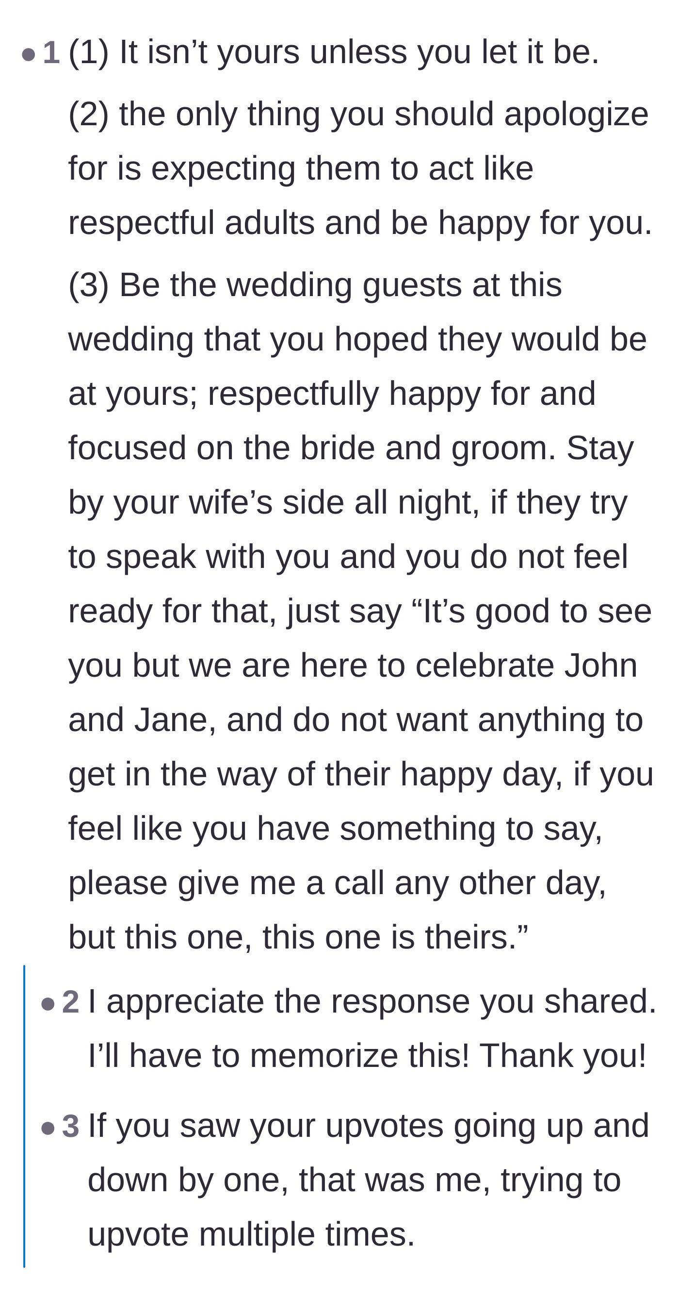 Comment thread 1 - Advice on how to gracefully attend the mutual wedding and protect the wife from the family