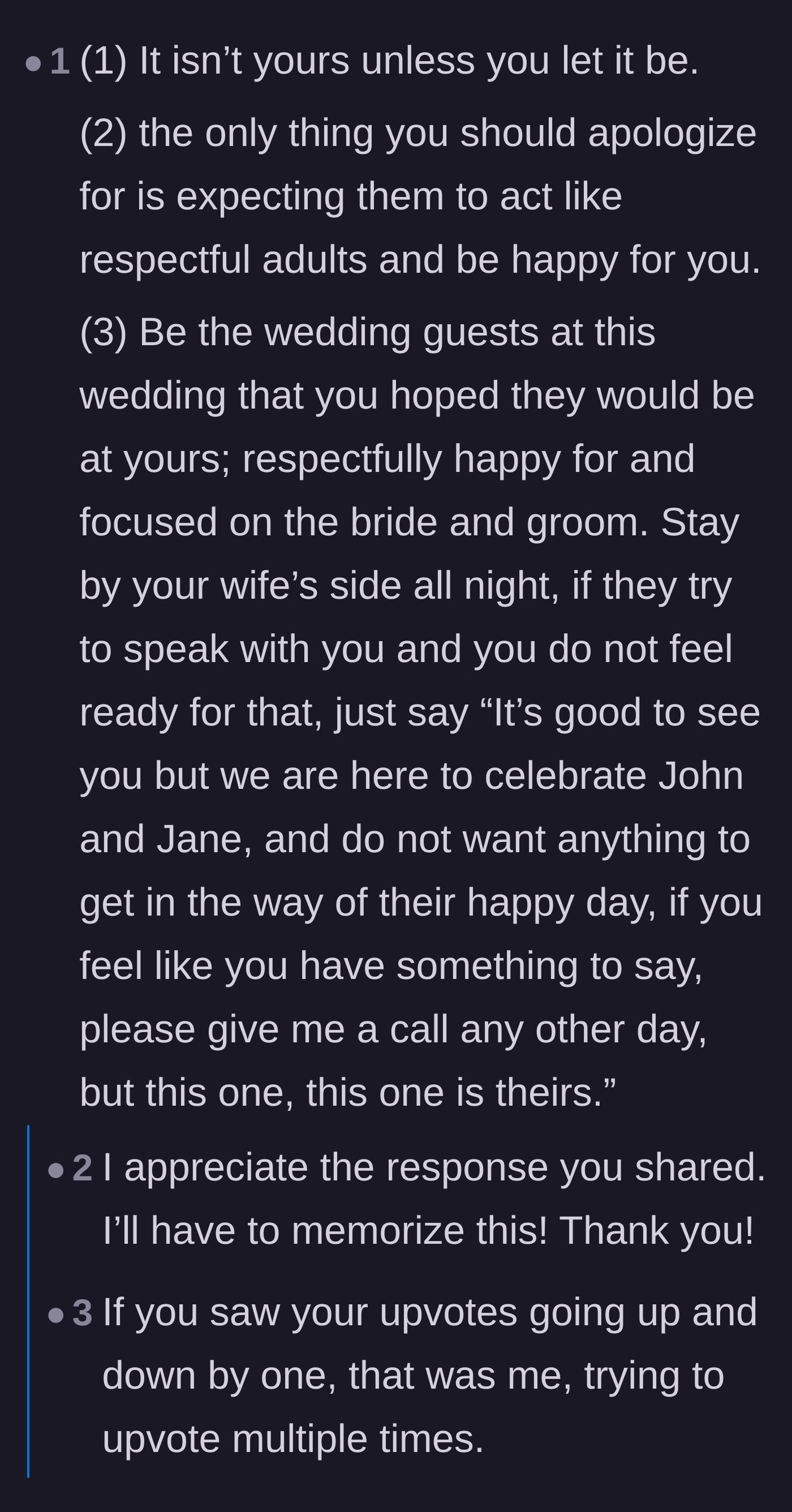 Comment thread 1 - Advice on how to gracefully attend the mutual wedding and protect the wife from the family