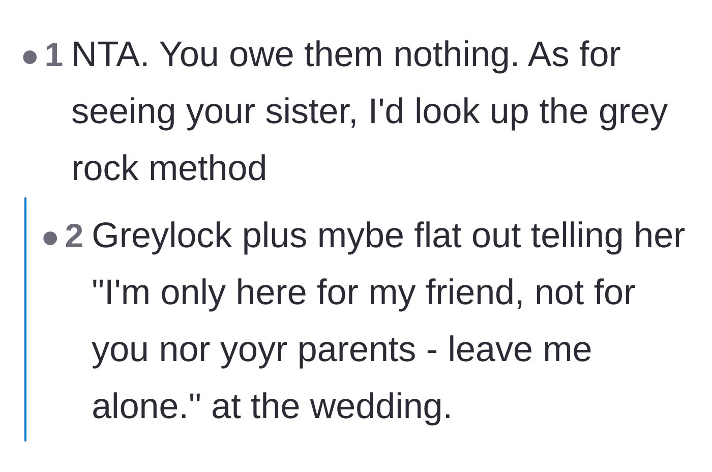 Comment thread 4 - Recommendations to use the grey rock method on the golden child sister