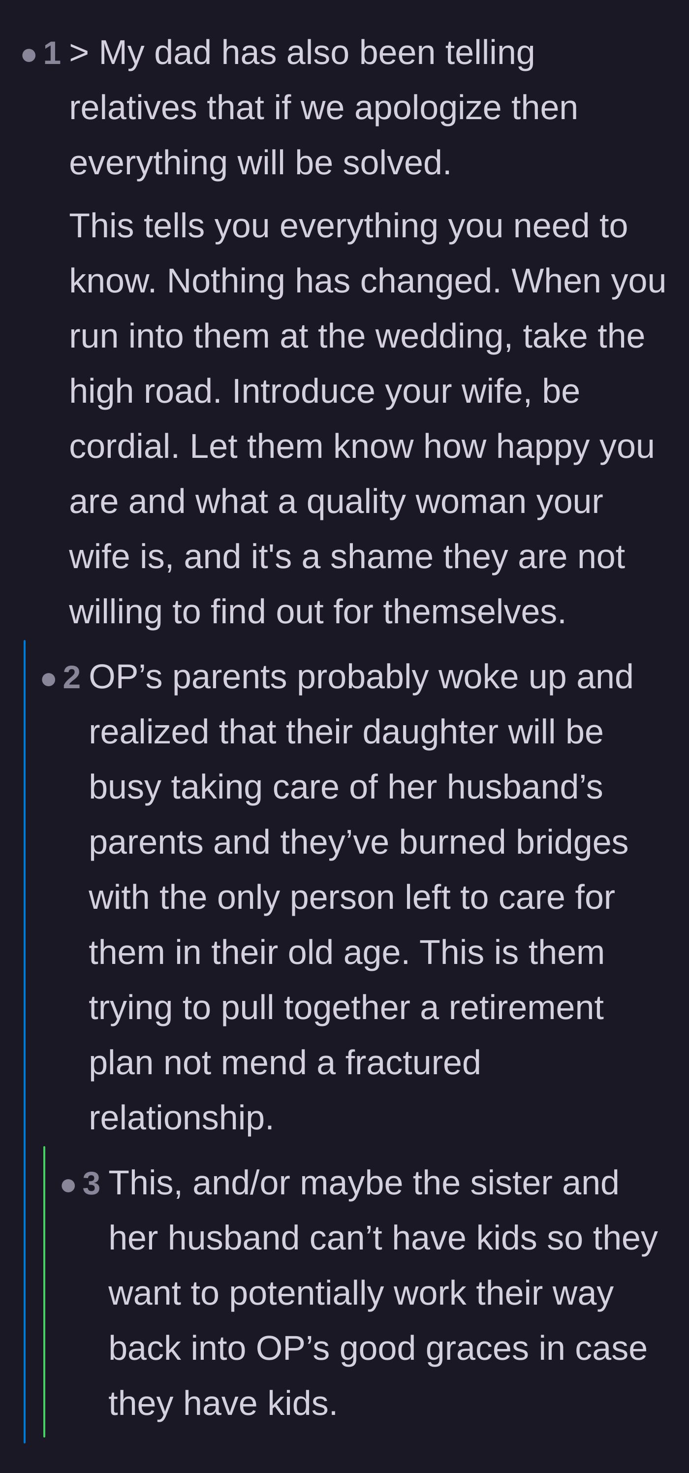 Comment thread 5 - Speculation that the parents only reached out because they need someone to care for them in old age