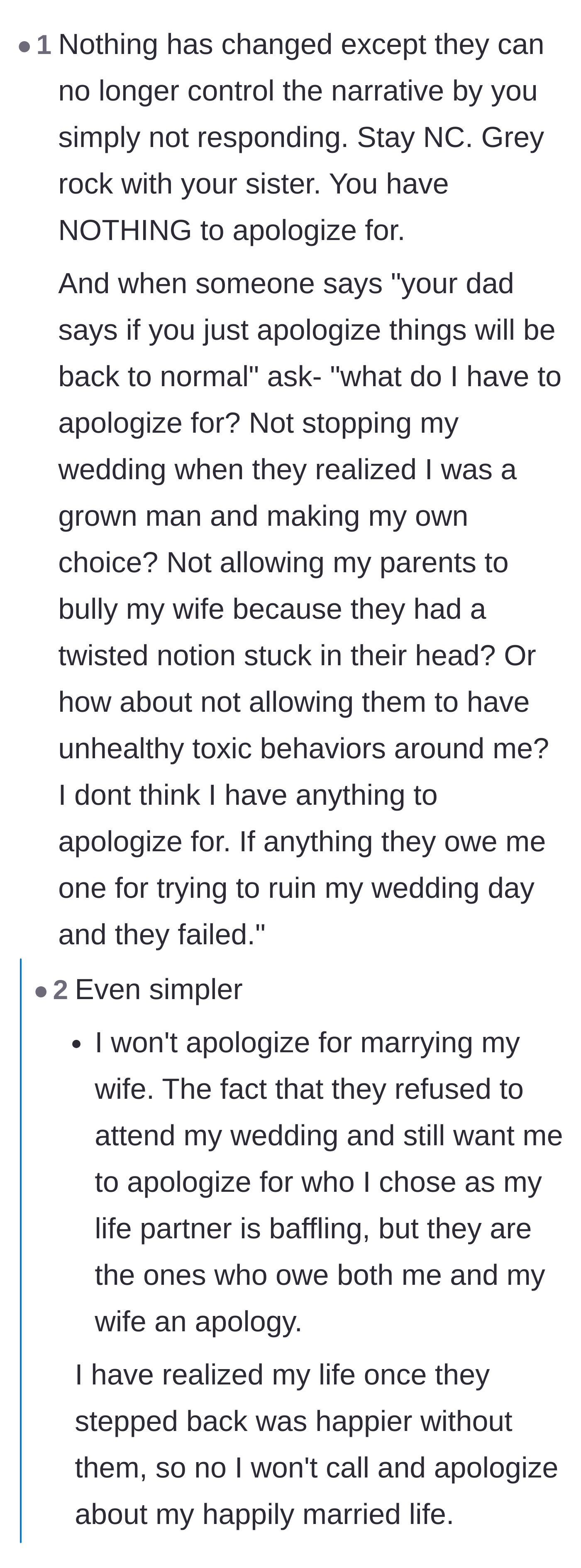 Comment thread 6 - Suggested responses pointing out that the groom has absolutely nothing to apologize for