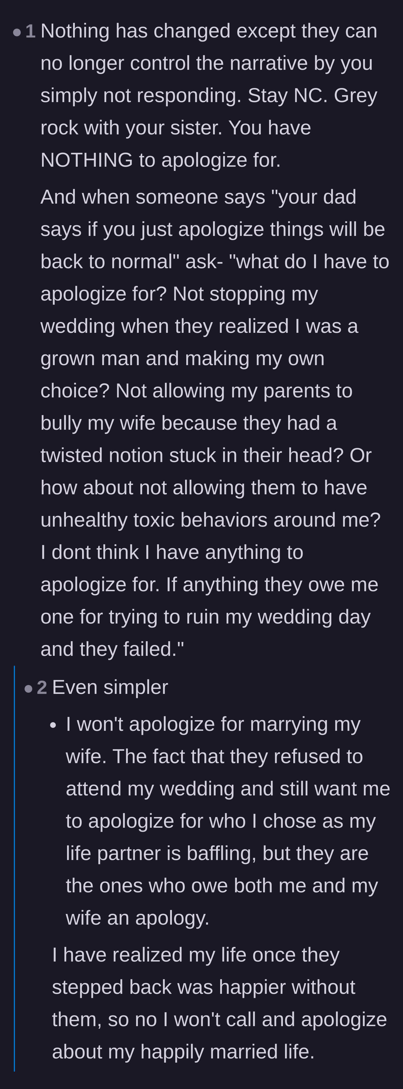 Comment thread 6 - Suggested responses pointing out that the groom has absolutely nothing to apologize for