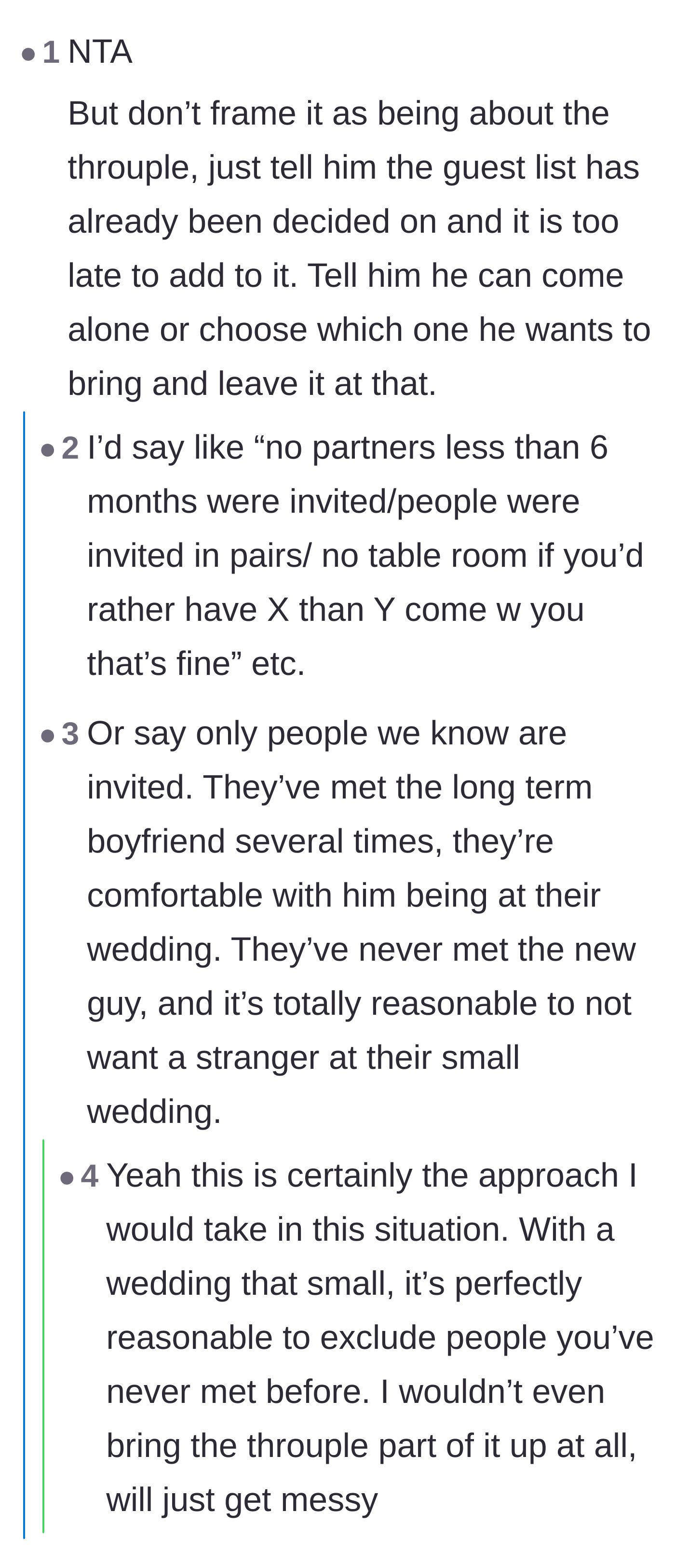 Comment thread 2 - Suggestions to blame strict guest list limits rather than mentioning the throuple dynamics.