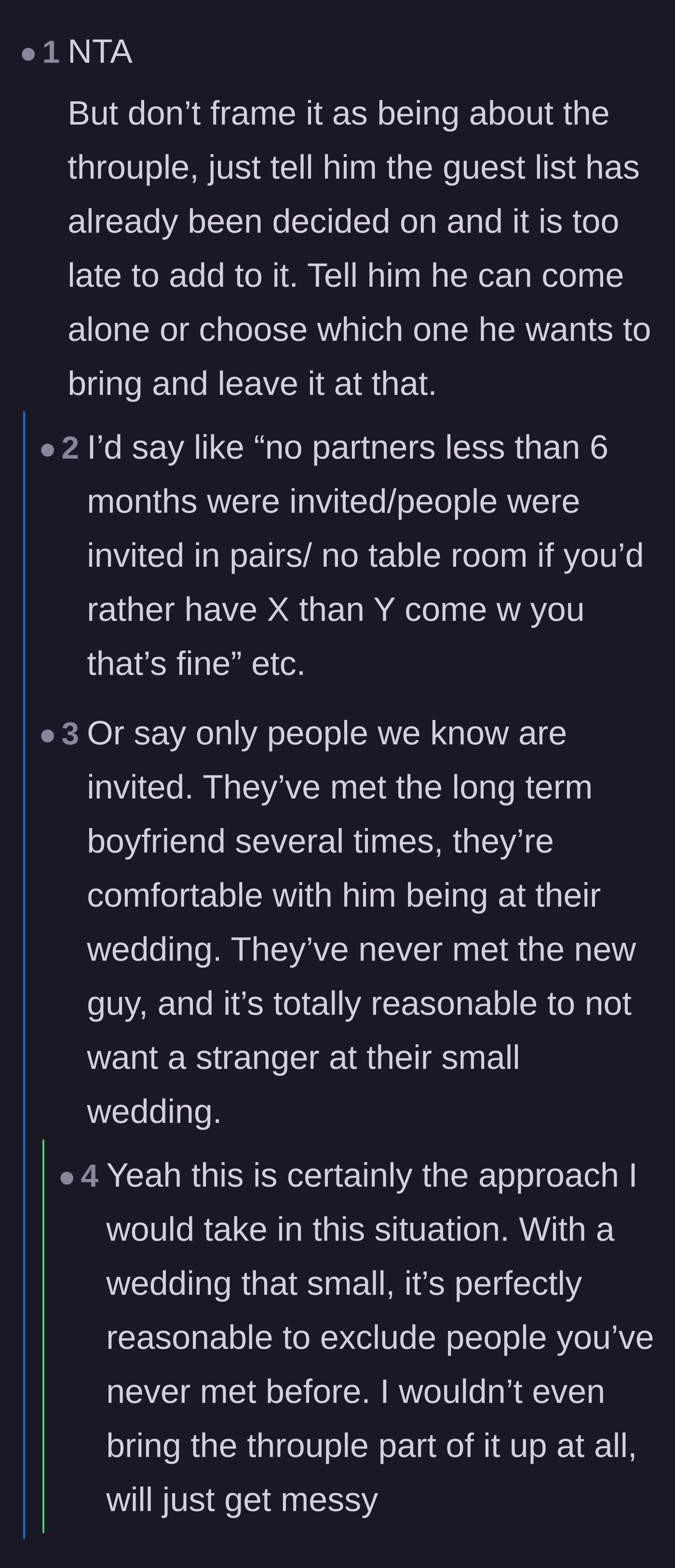 Comment thread 2 - Suggestions to blame strict guest list limits rather than mentioning the throuple dynamics.