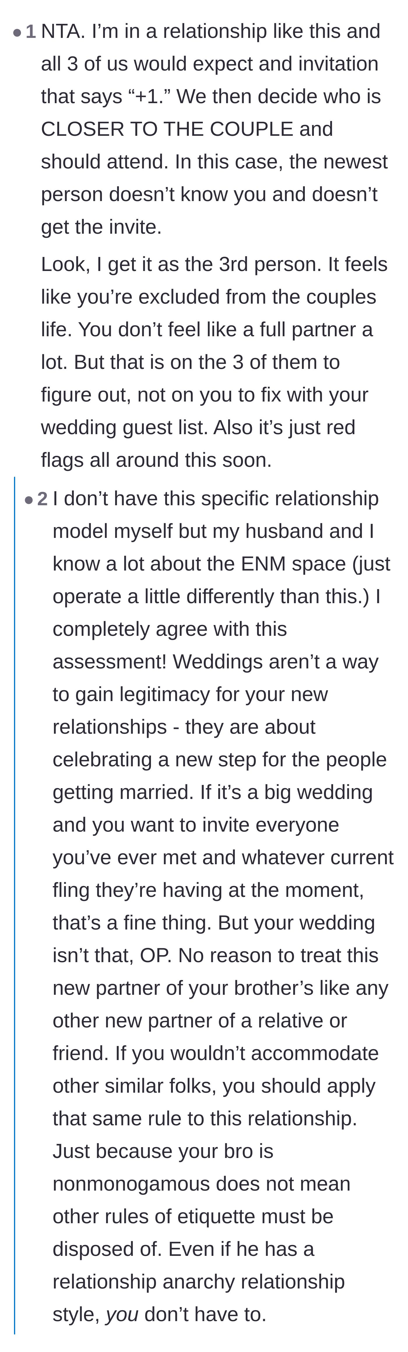 Comment thread 4 - A polyamorous commenter explaining that the brother and his partners should decide amongst themselves who gets the single plus-one.