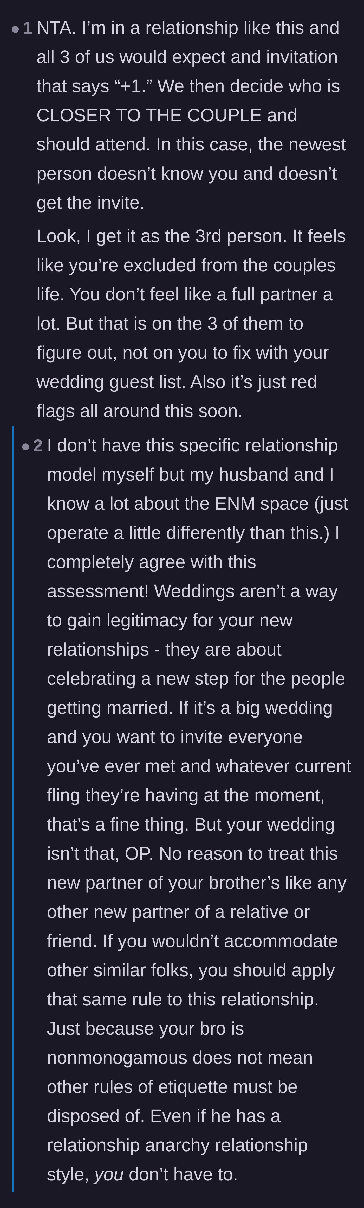 Comment thread 4 - A polyamorous commenter explaining that the brother and his partners should decide amongst themselves who gets the single plus-one.
