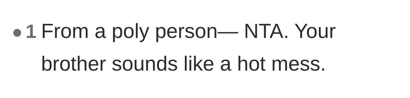 Comment thread 5 - A brief comment from a polyamorous person calling the brother a hot mess.