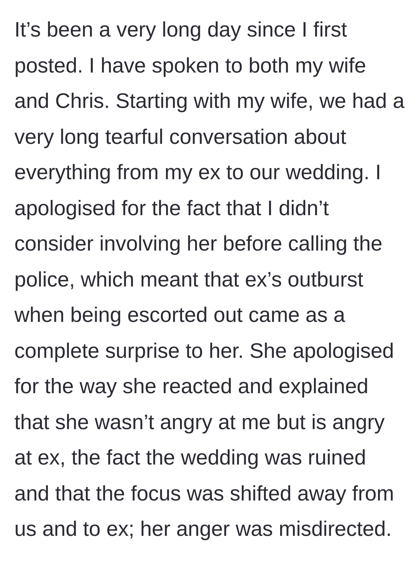 Story part 1 - The groom and his wife having a tearful, honest conversation to clear the air about the wedding day chaos.