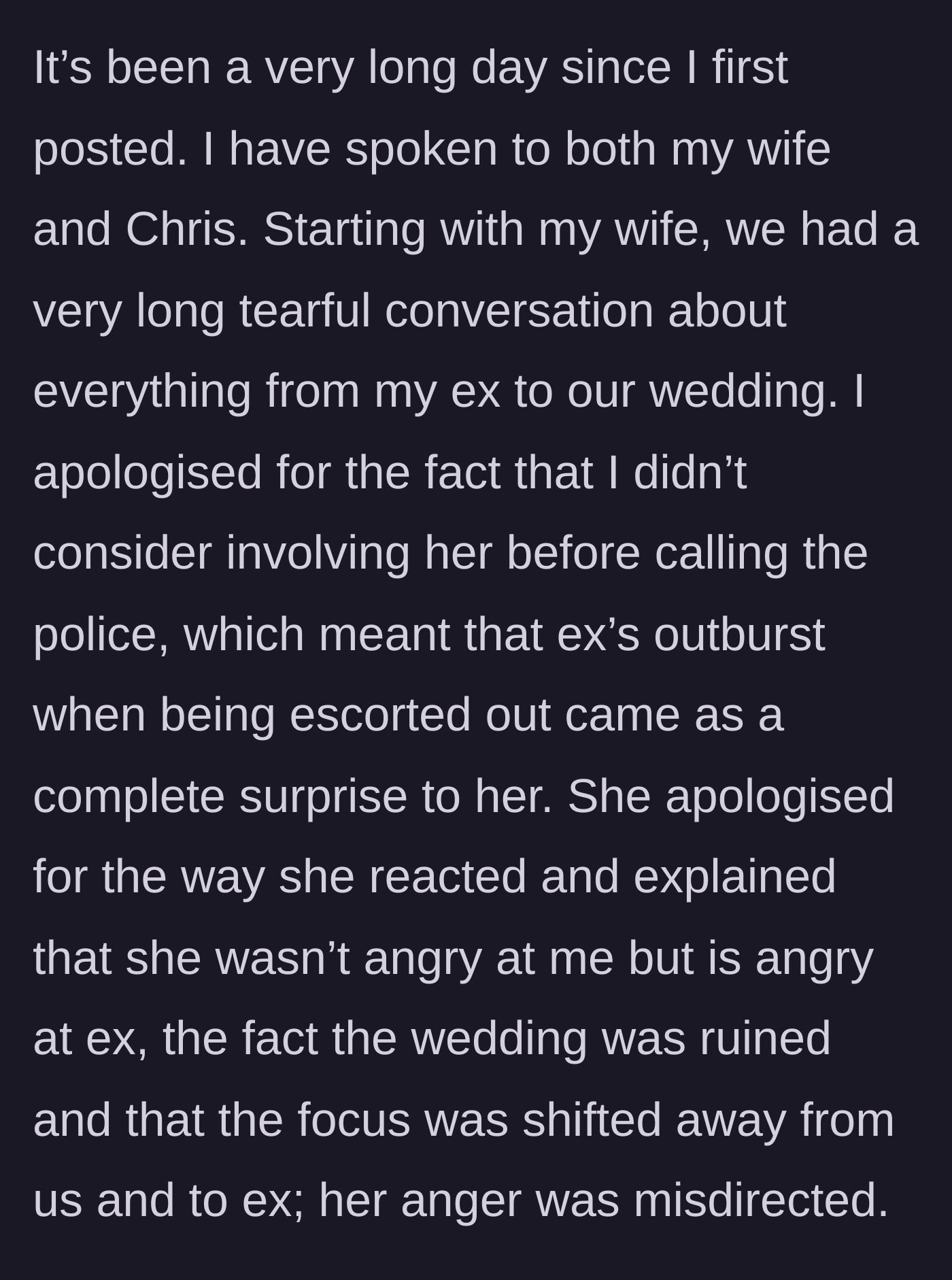 Story part 1 - The groom and his wife having a tearful, honest conversation to clear the air about the wedding day chaos.