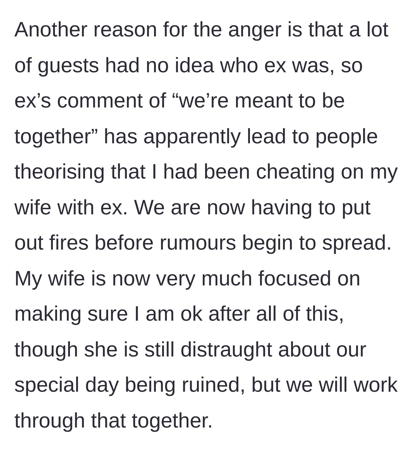 Story part 2 - The couple dealing with confused wedding guests and squashing false cheating rumors sparked by the intruder.