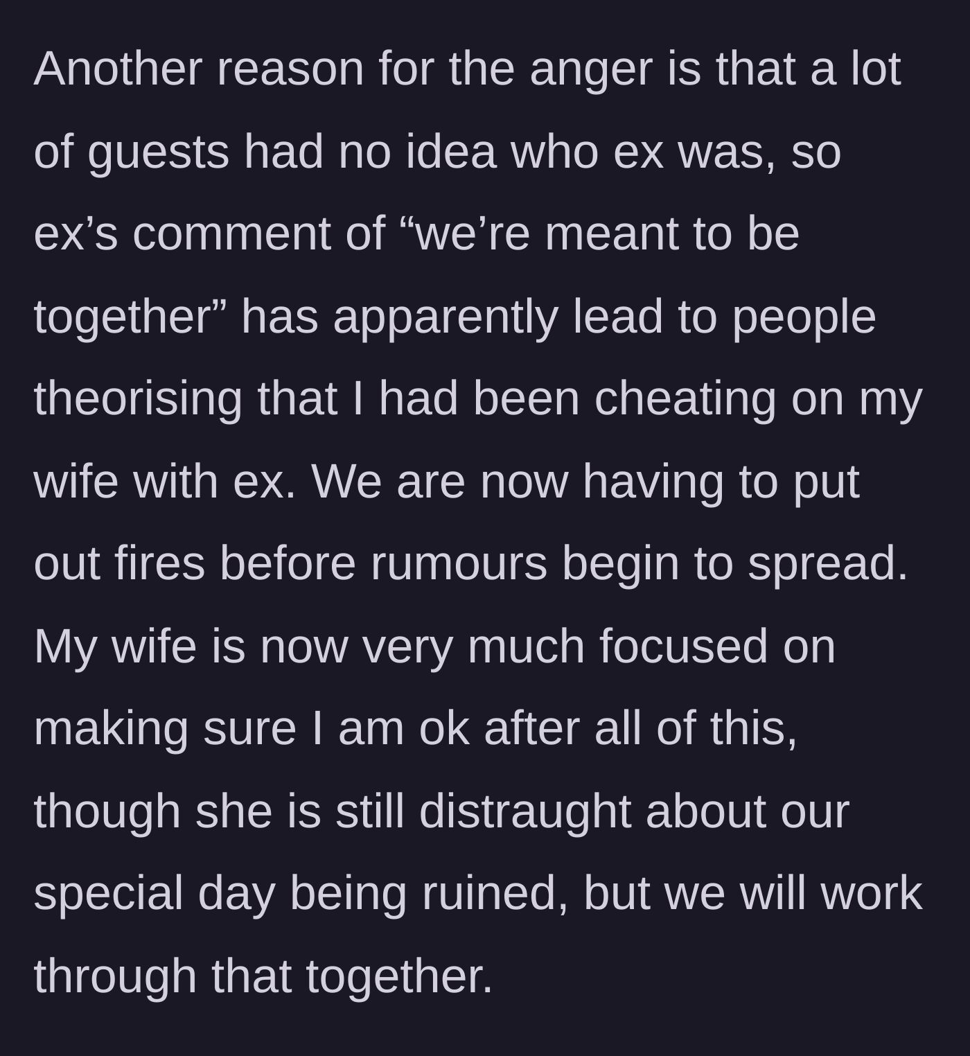 Story part 2 - The couple dealing with confused wedding guests and squashing false cheating rumors sparked by the intruder.