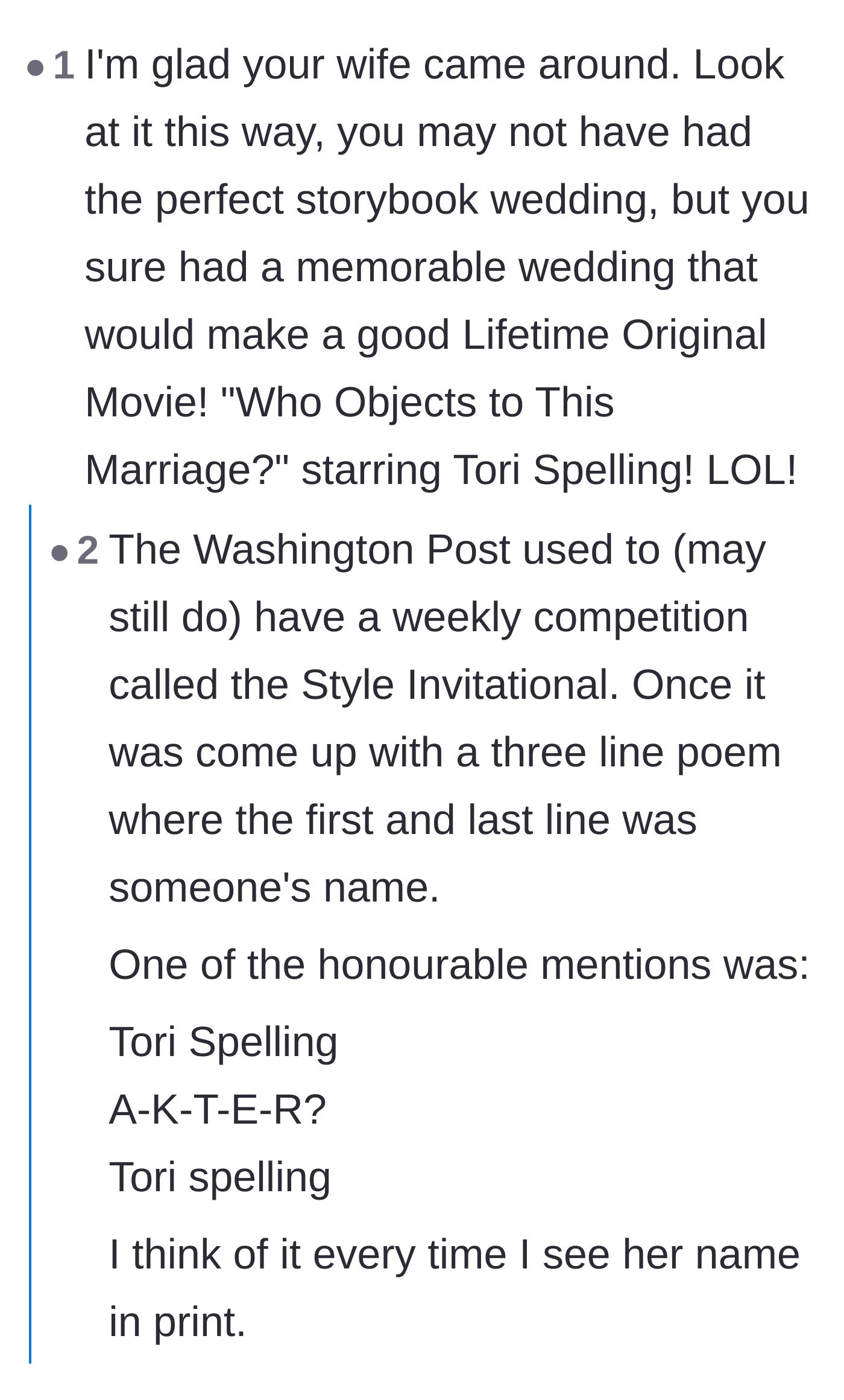Comment thread 1 - Comparing the bizarre wedding drama to a made-for-TV movie plot