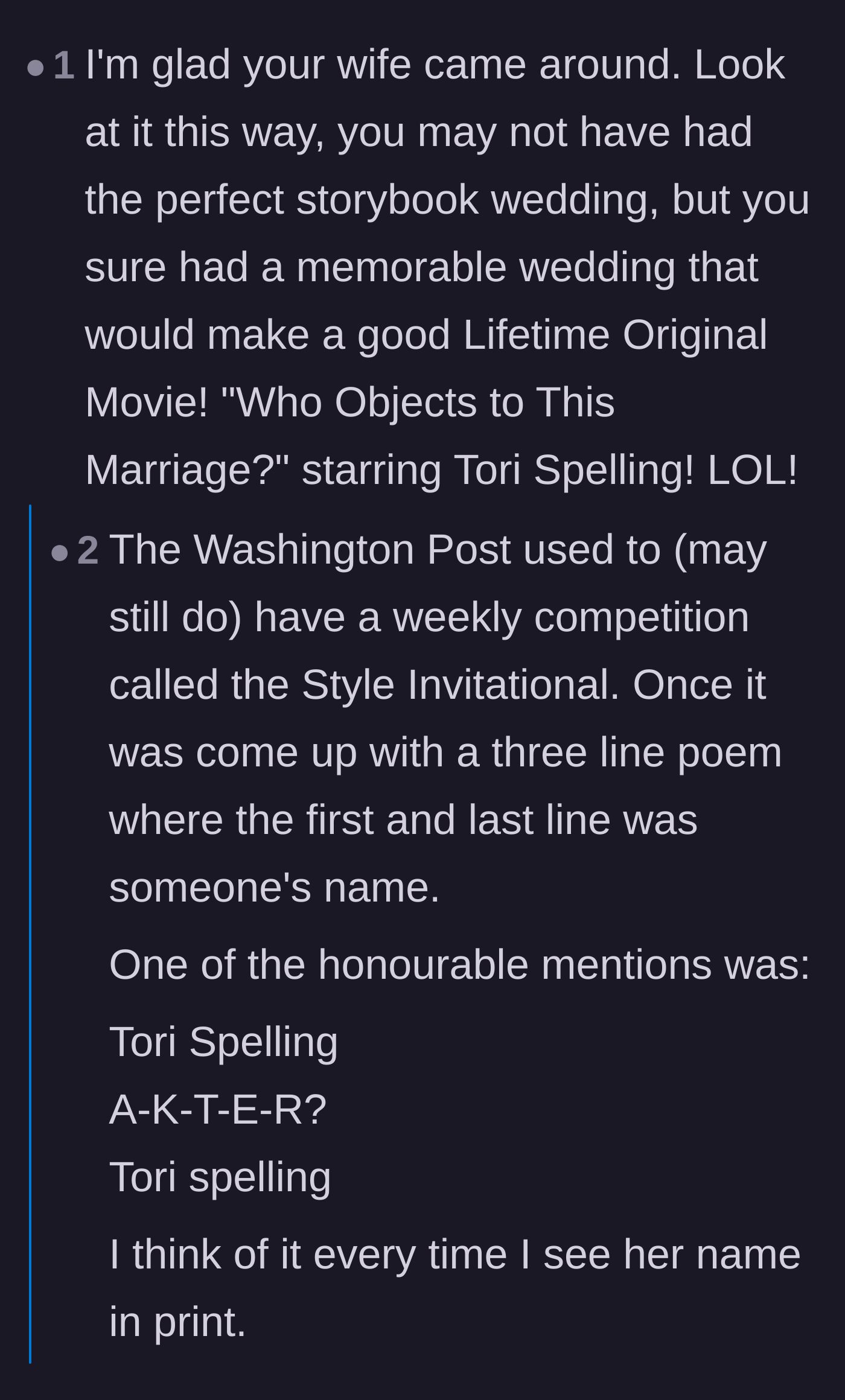 Comment thread 1 - Comparing the bizarre wedding drama to a made-for-TV movie plot
